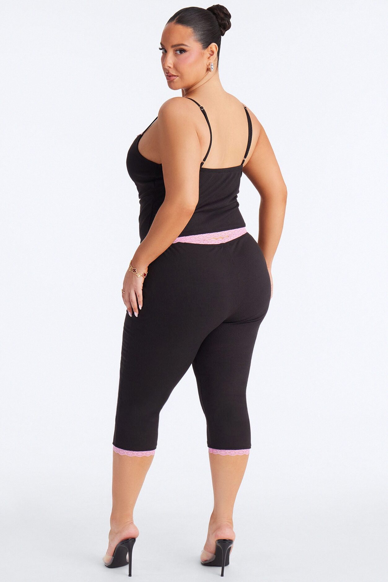 Layla Double Lined Ribbed Capri Set - Black