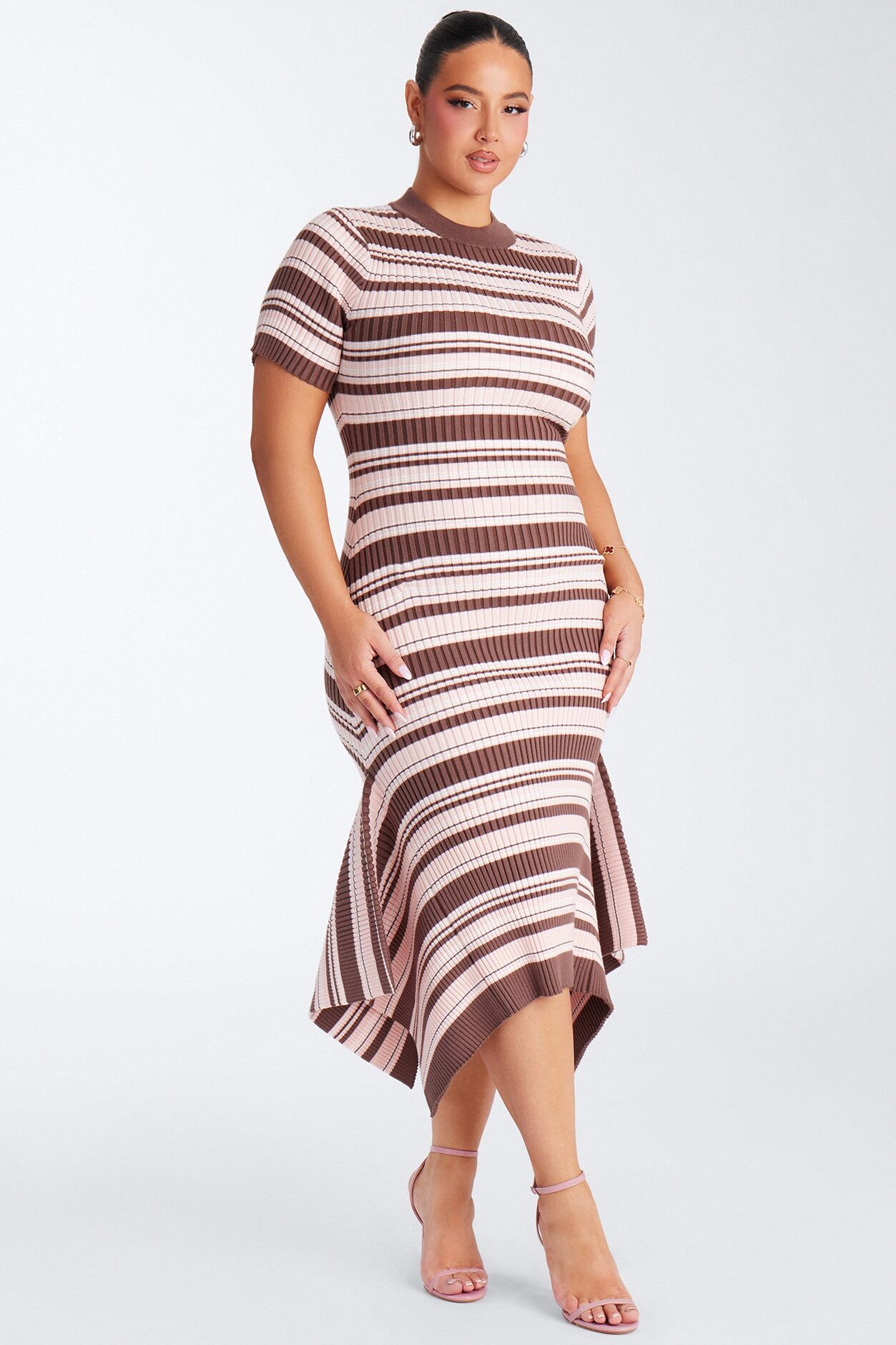 Rare Catch Ribbed Striped Midi Dress - Mocha/combo