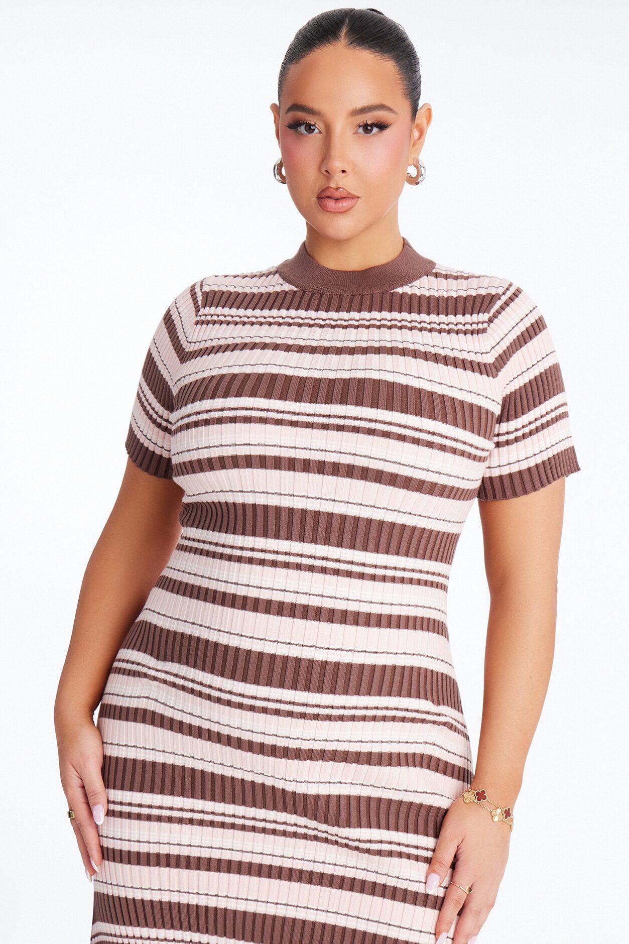 Rare Catch Ribbed Striped Midi Dress - Mocha/combo
