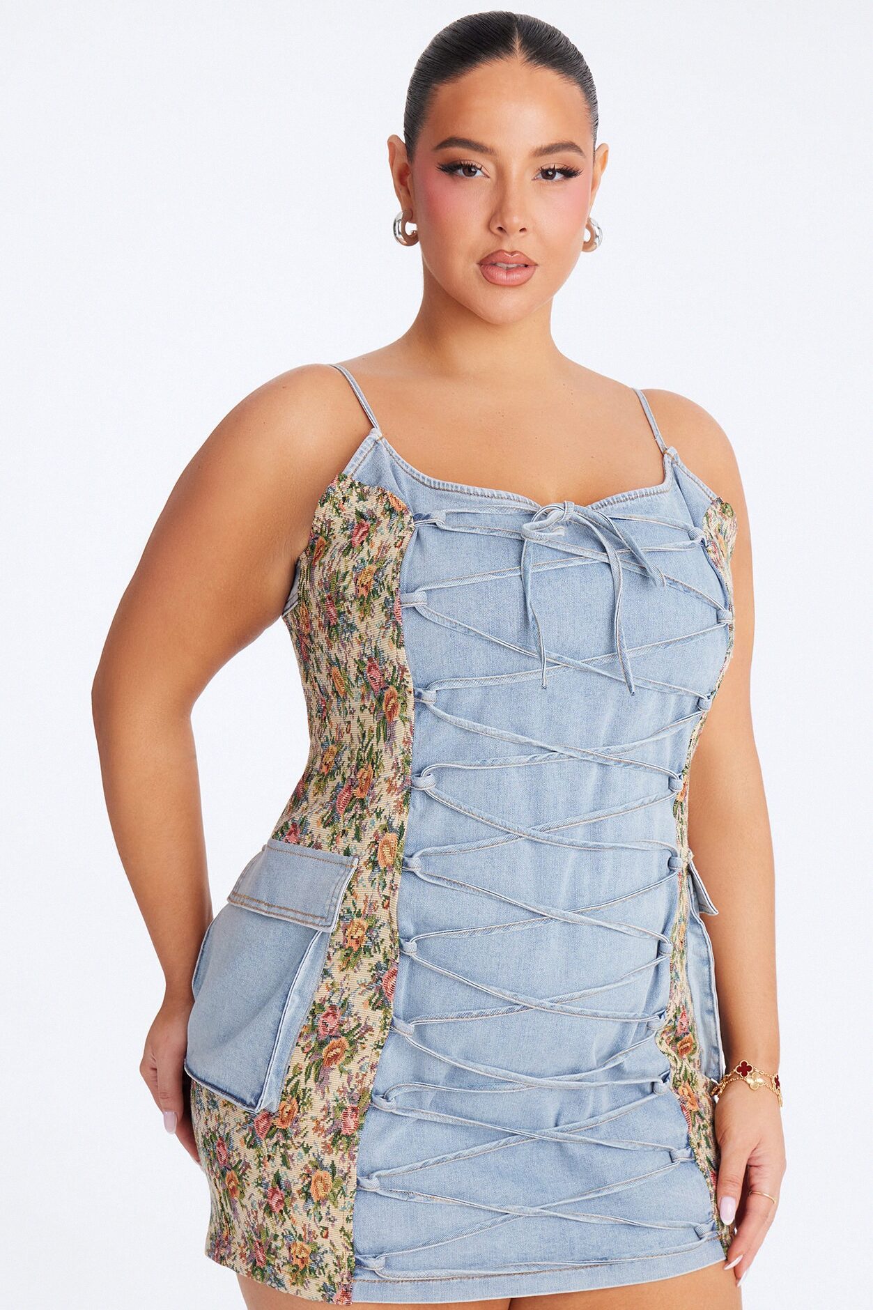 Belle Floral Stretch Denim Mini Dress - Denim