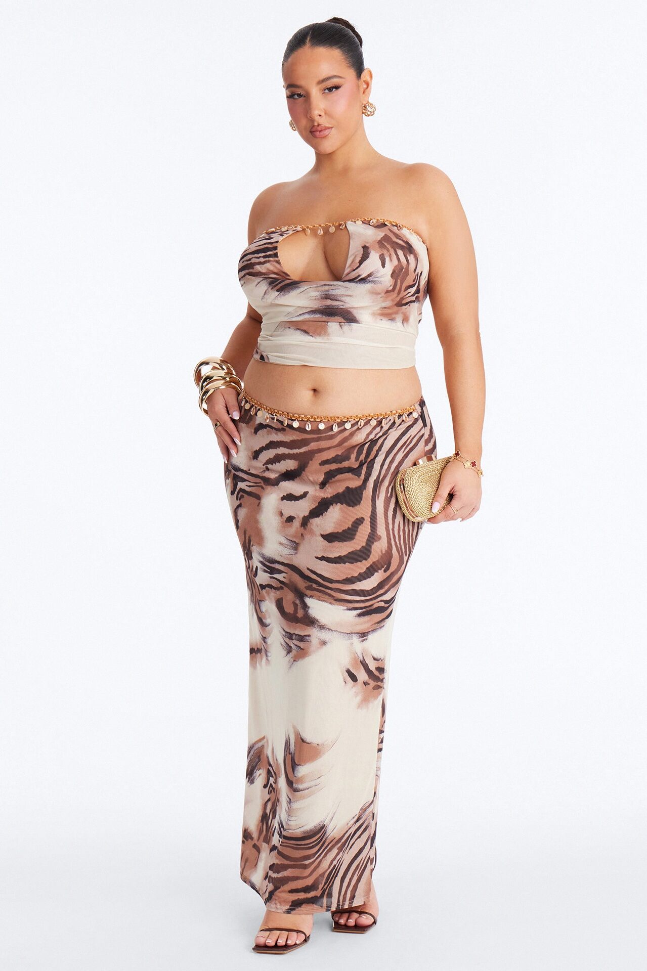 Rika Mesh Strapless Maxi Skirt Set - Cream/combo