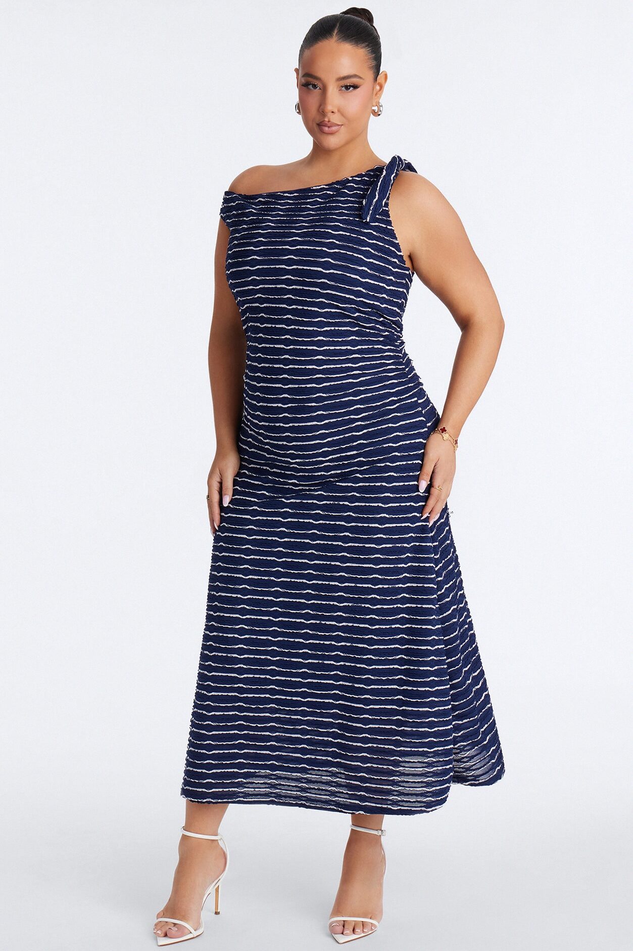Crystal Striped Textured Midi Dress - Navy/combo