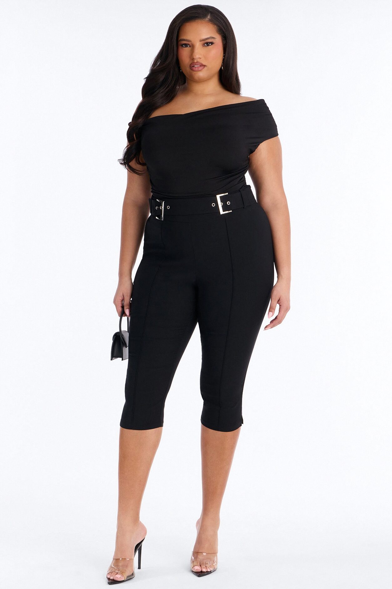 Makayla High Rise Buckle Skinny Capri Pant 19″ - Black