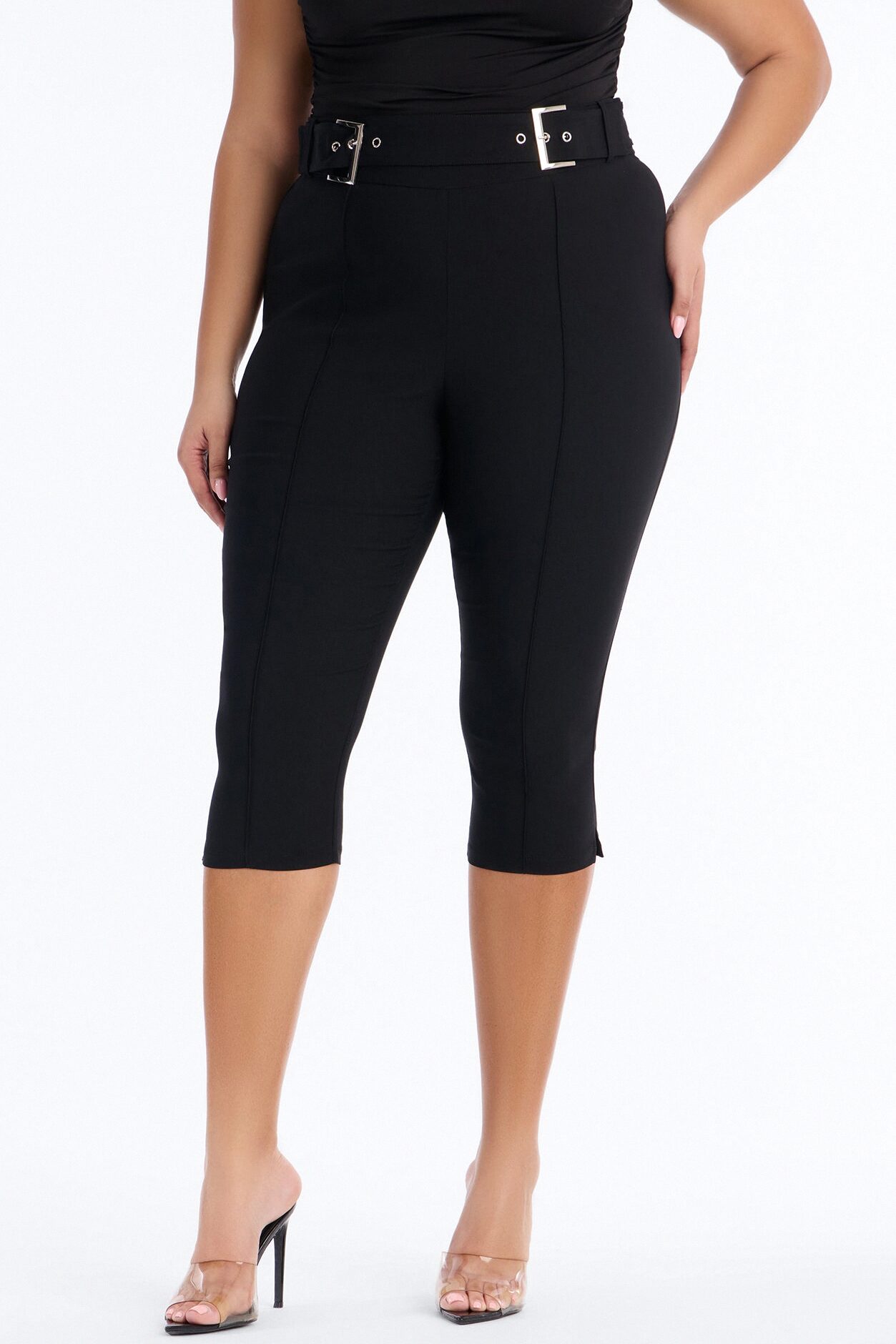 Makayla High Rise Buckle Skinny Capri Pant 19″ - Black