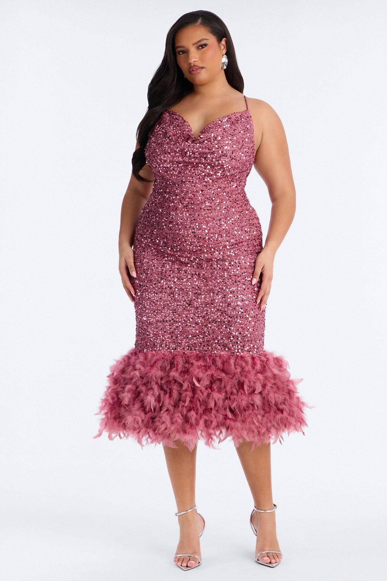 Zoey Feathered Sequin Midi Dress - Mauve