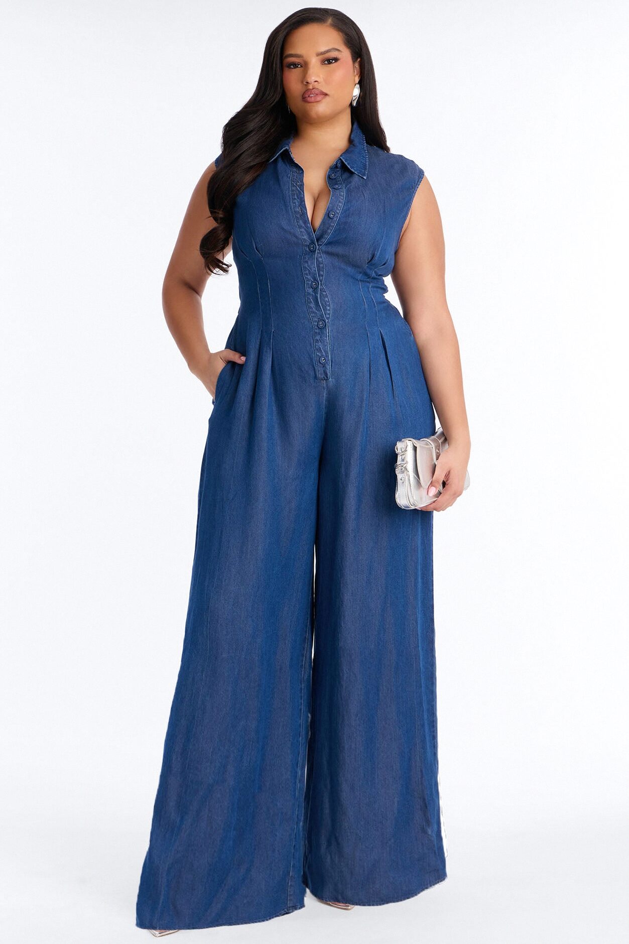 Tanya Chambray Sleeveless Wide Leg Jumpsuit - Medium Wash