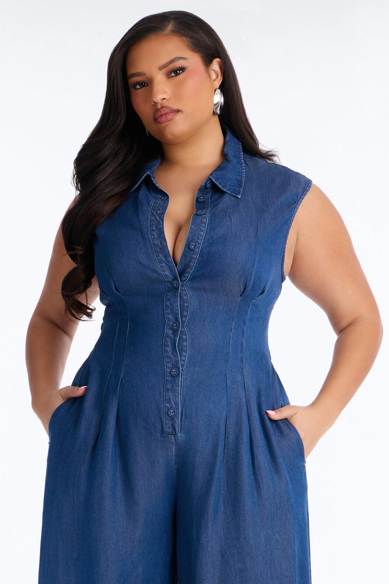 Tanya Chambray Sleeveless Wide Leg Jumpsuit - Medium Wash