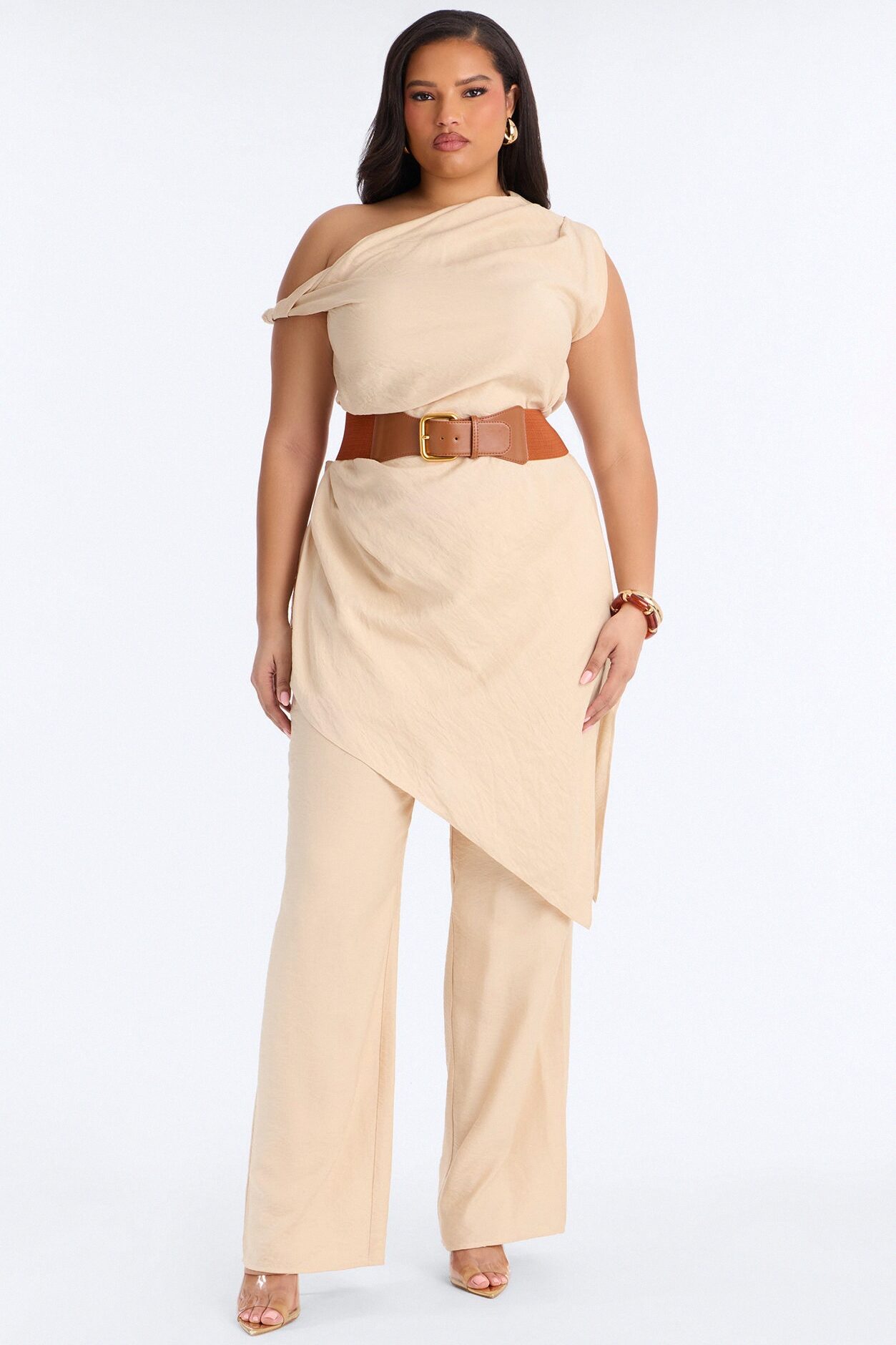Willow Belted Asymmetrical Pant Set - Beige