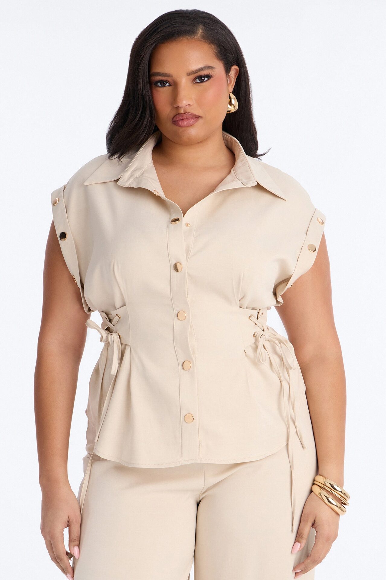 Lizzie Snap Detail Pant Set - Beige