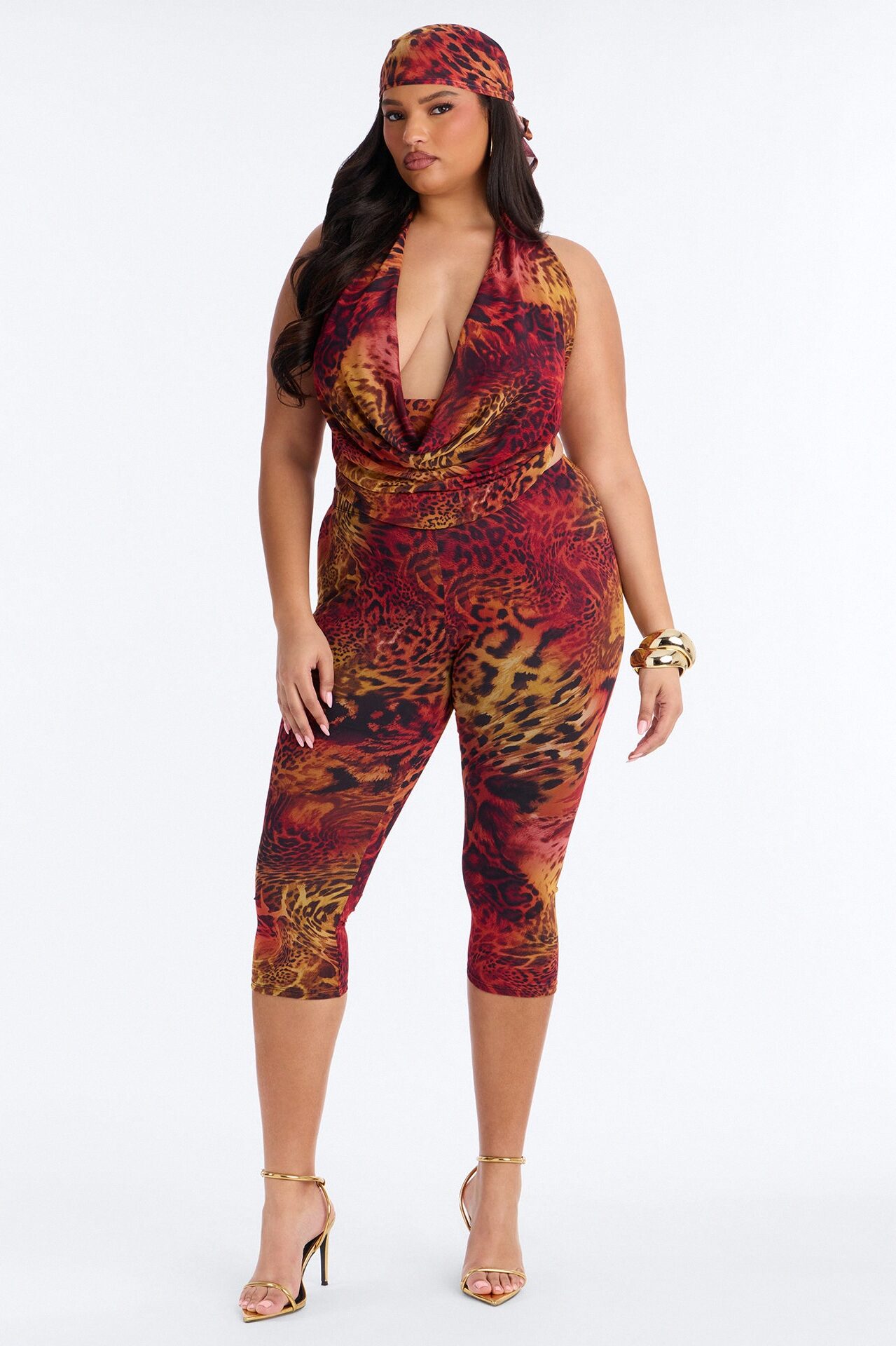 Nadia Leopard Mesh 3 Piece Capri Set - Orange/combo