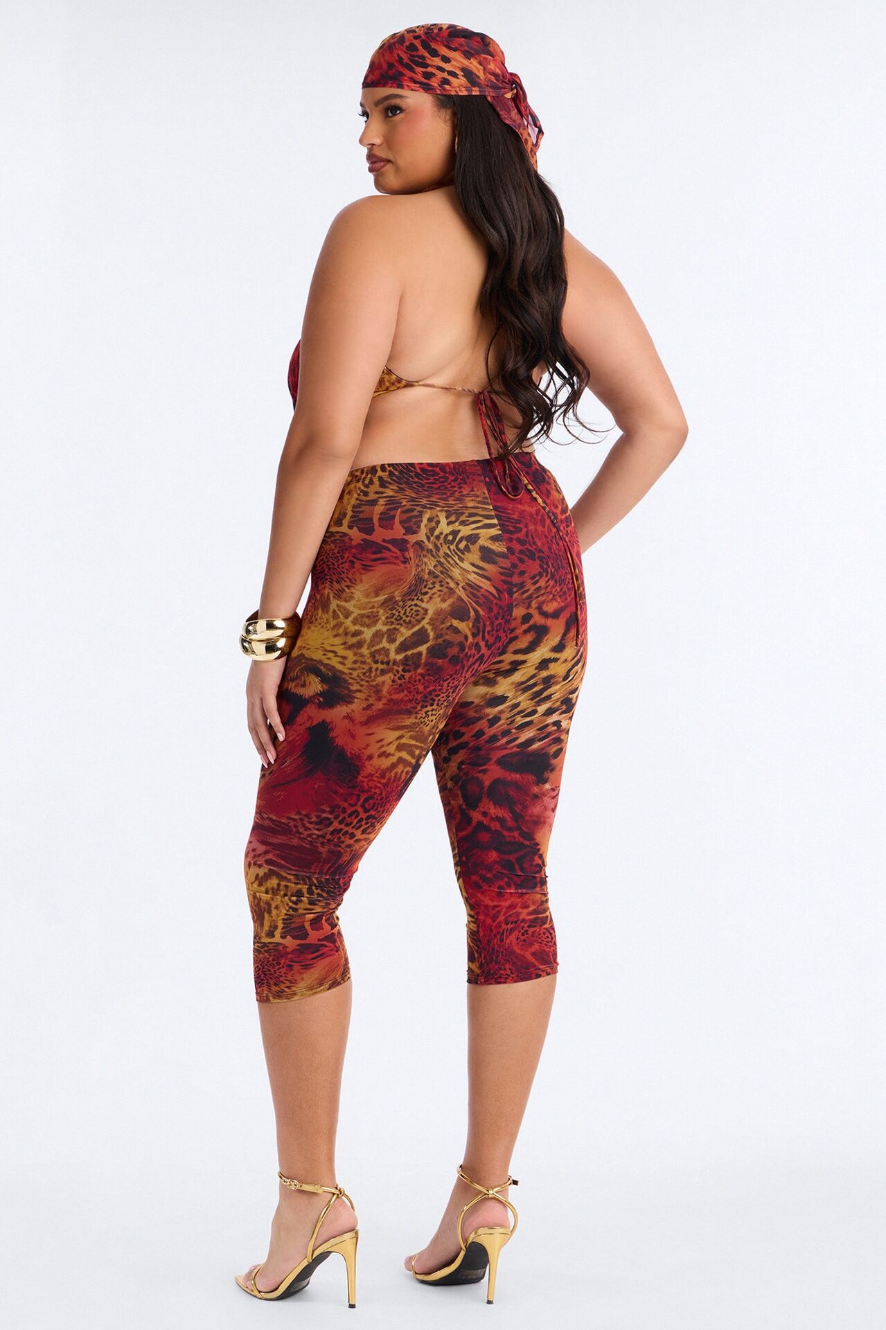 Nadia Leopard Mesh 3 Piece Capri Set - Orange/combo