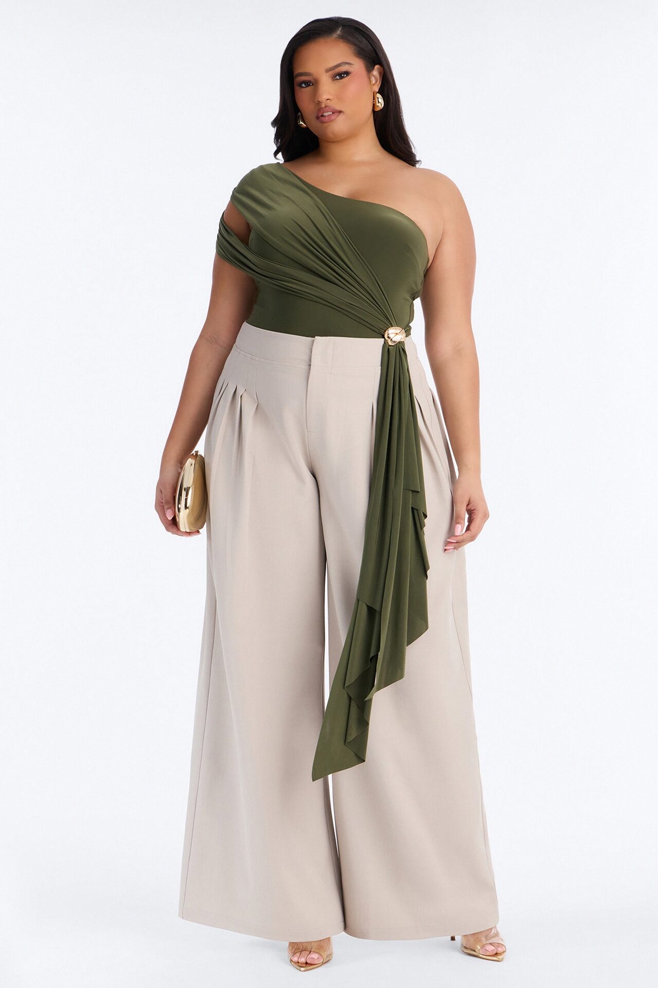 Roma Muse One Shoulder Draped Bodysuit - Olive