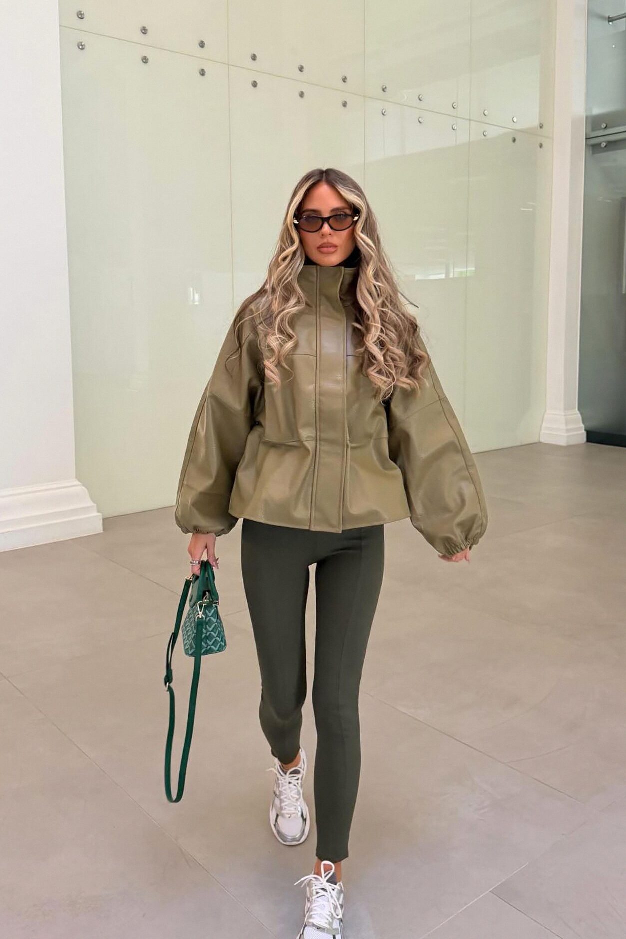 Effortless Funnel Neck Faux Leather Anorak - Olive