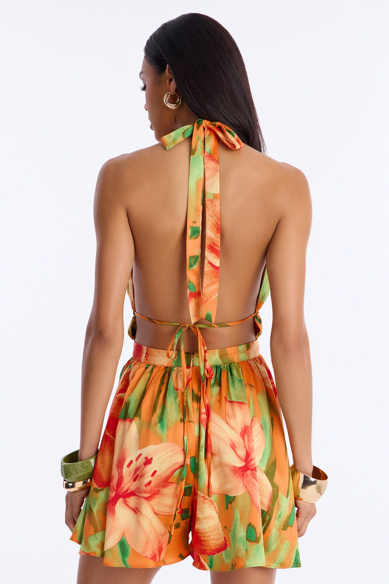 Tiana Tropical Backless Romper - Orange