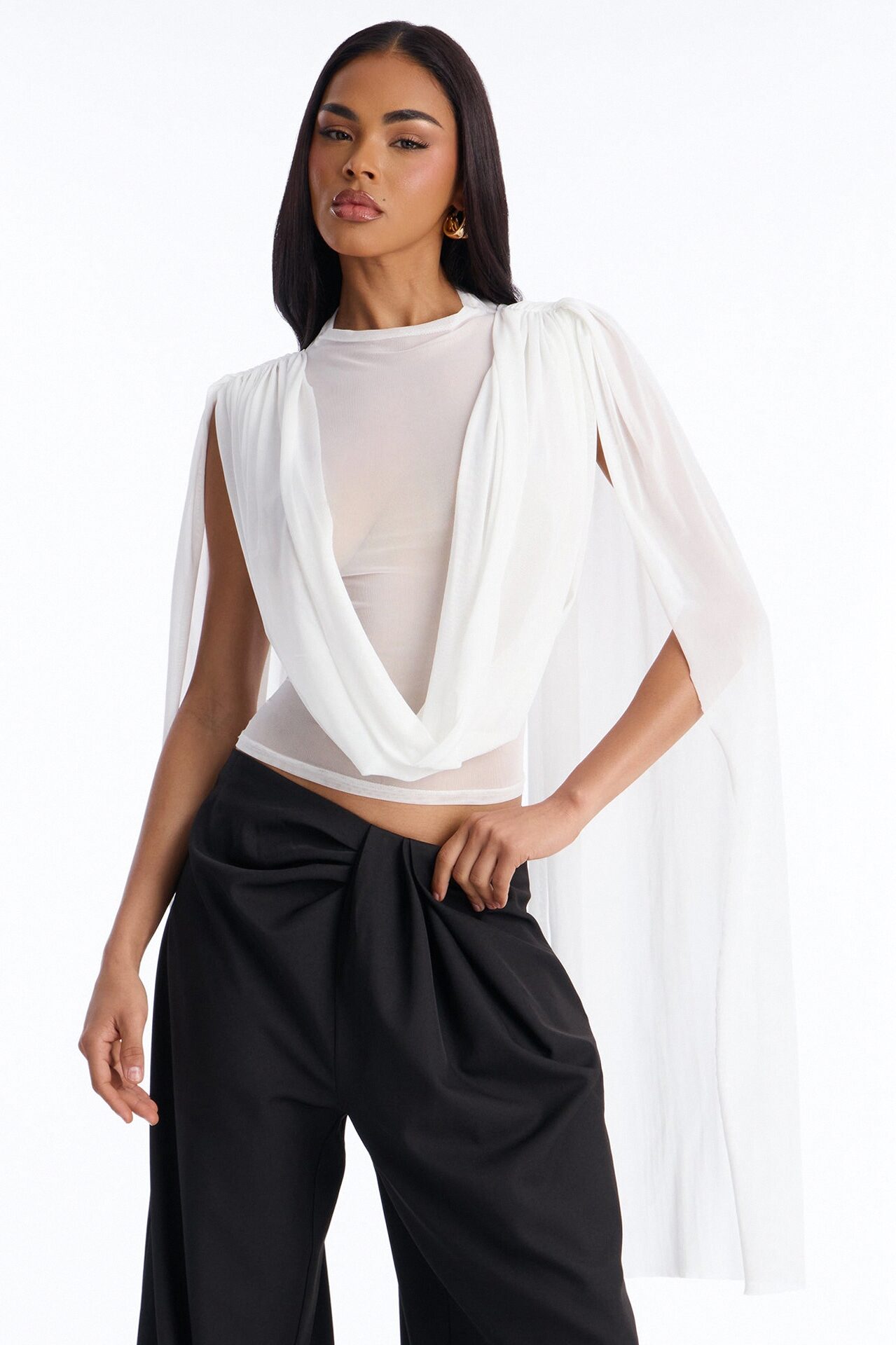 Ethereal Energy Mesh Mock Neck Drape Top - White
