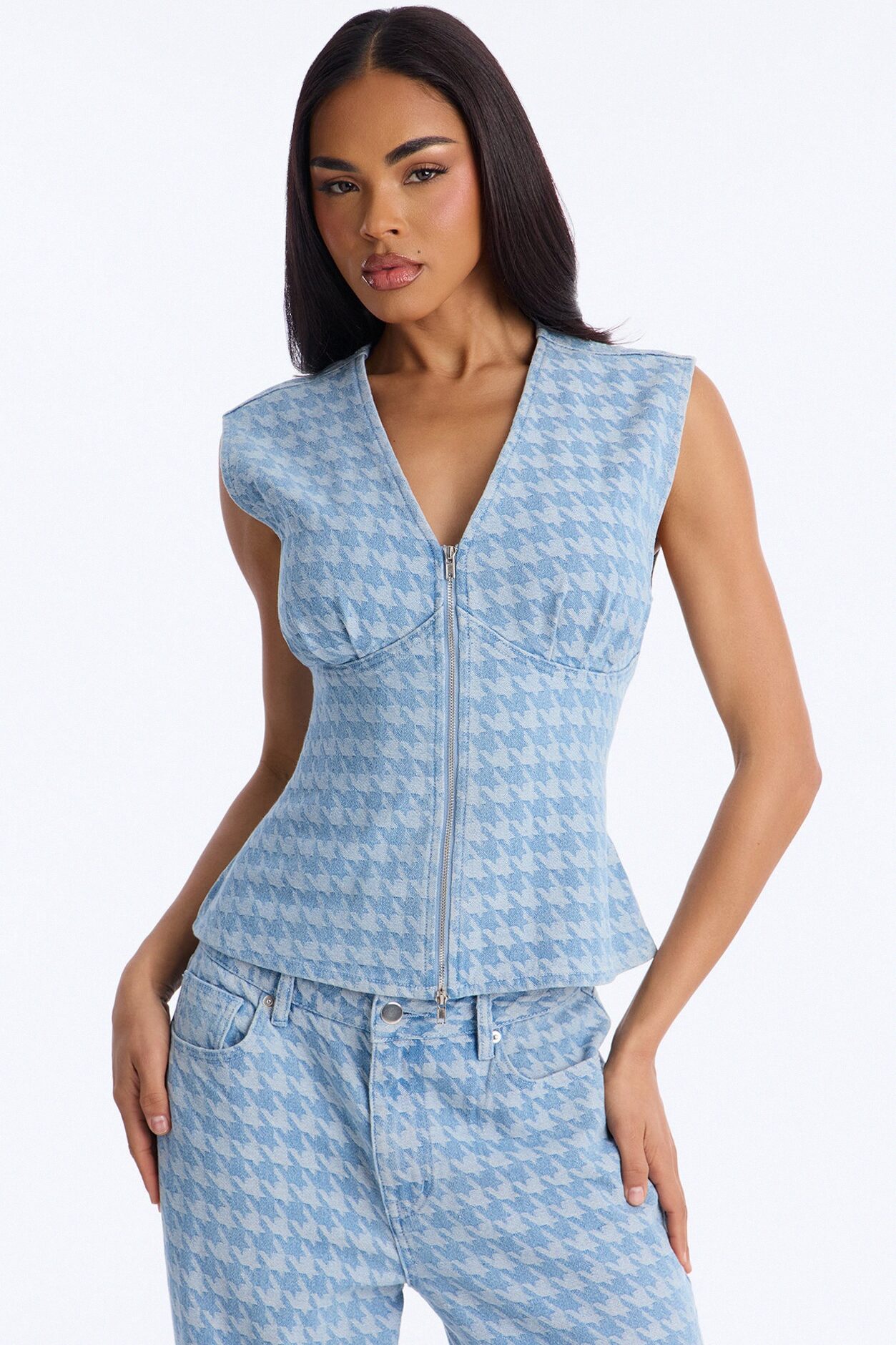 Desiree Denim Houndstooth Pant Set - Light Wash