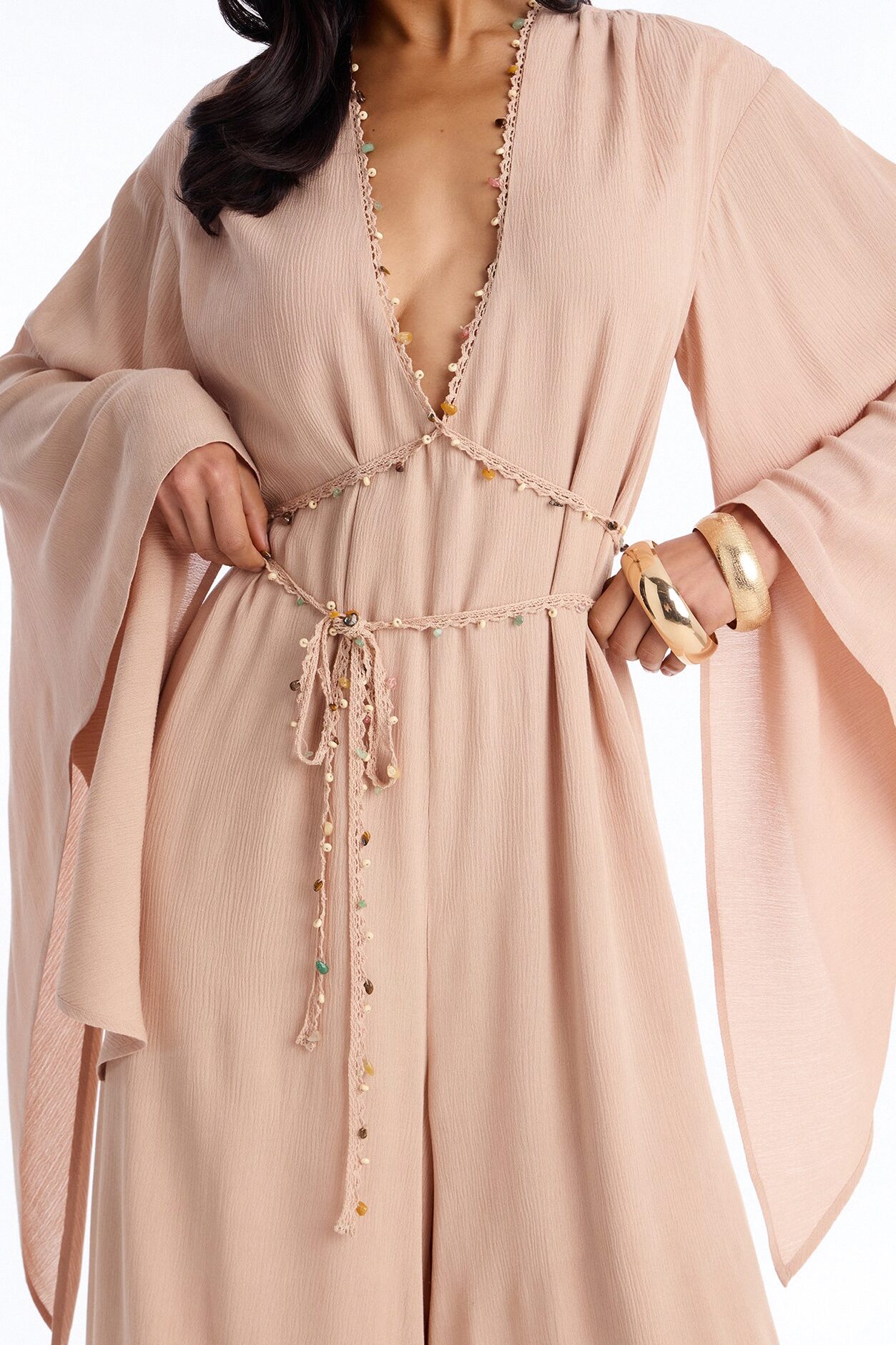 Mailey Beaded Tie Waist Wide Leg Jumpsuit - Tan
