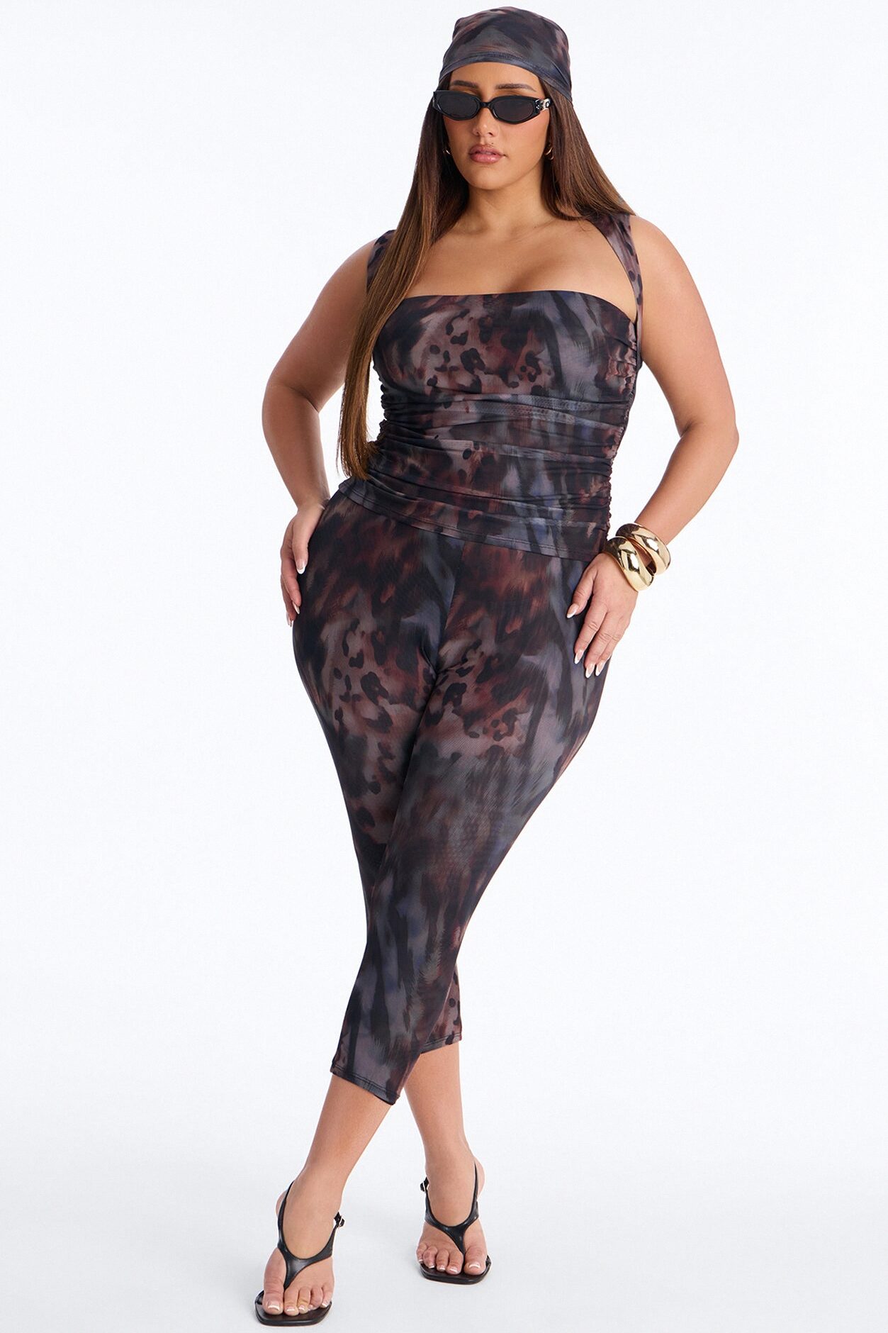 Control The Urge Animal Mesh 3 Piece Capri Set - Brown/combo
