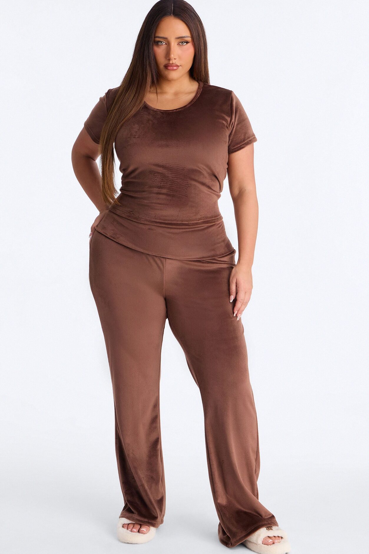 Cozy Moments Short Sleeve Velour PJ Pant Set - Chocolate