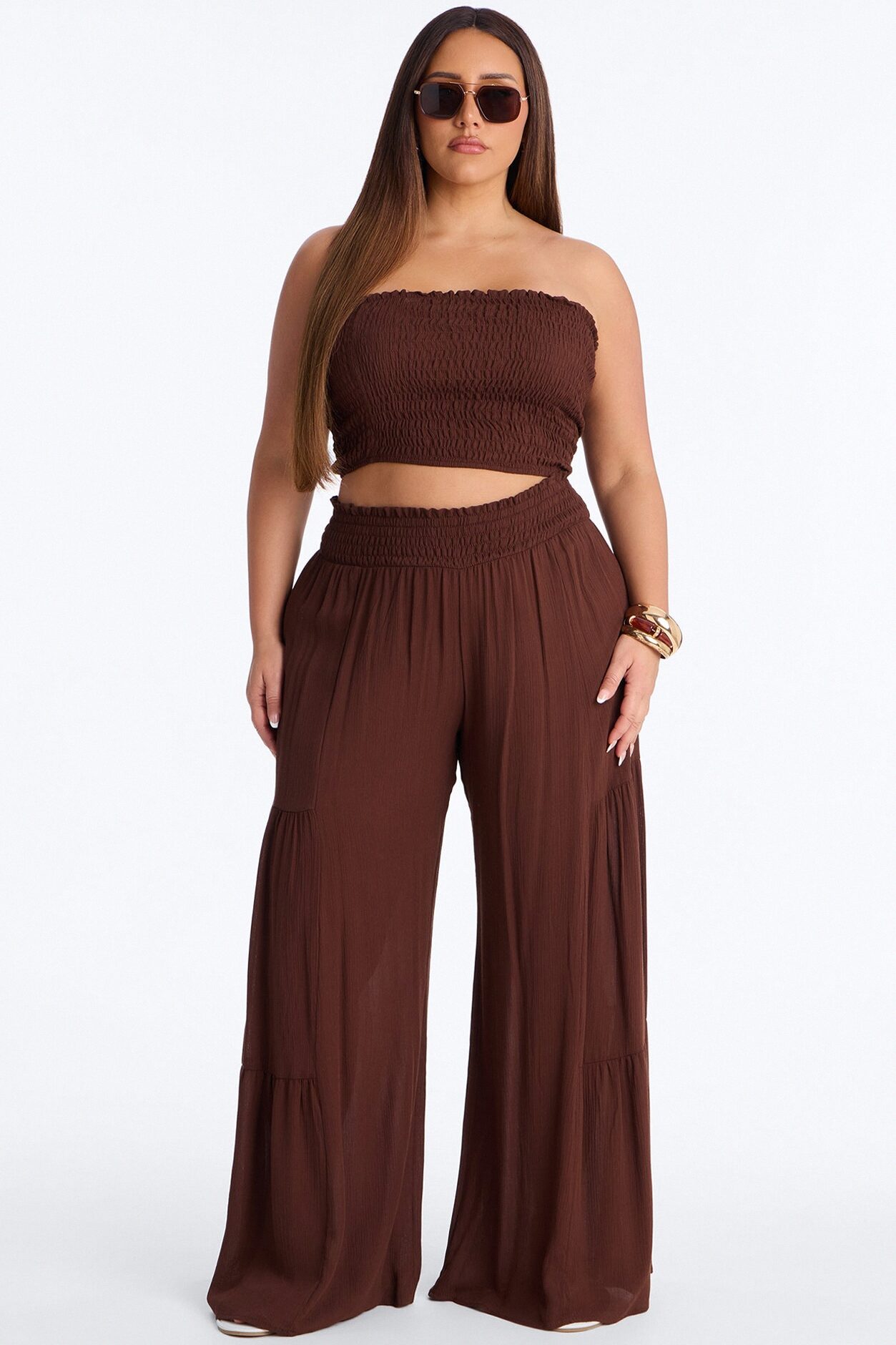 Sadie Smocked Strapless Pant Set - Chocolate