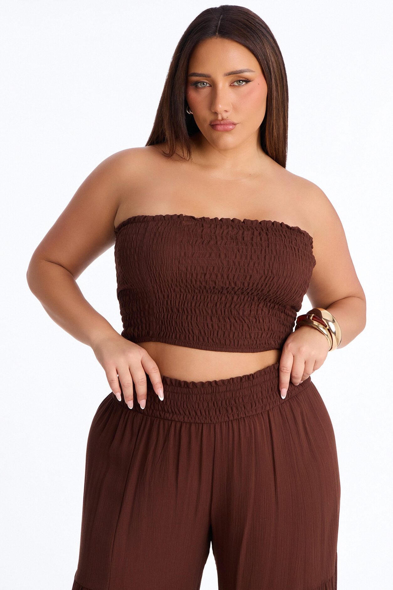 Sadie Smocked Strapless Pant Set - Chocolate