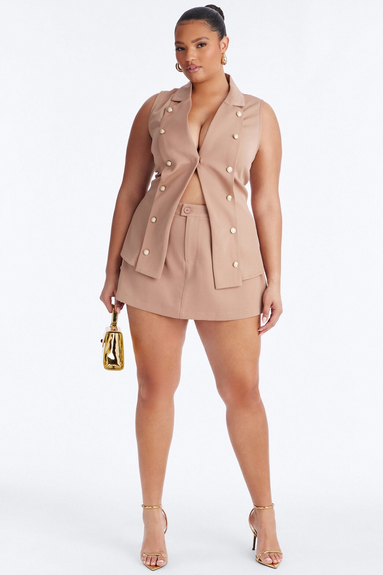 High Profile Blazer Vest Mini Skirt Set - Taupe