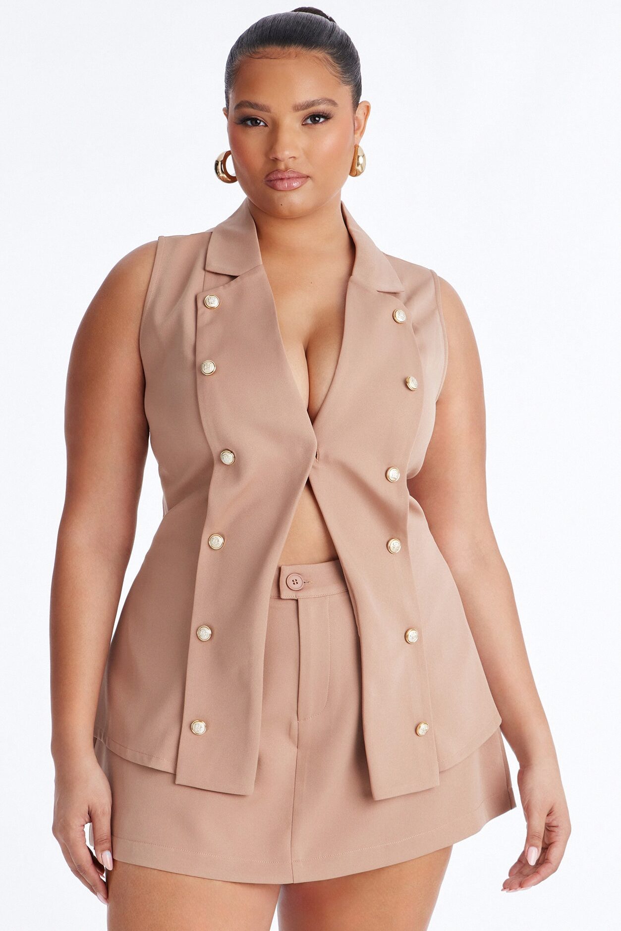 High Profile Blazer Vest Mini Skirt Set - Taupe