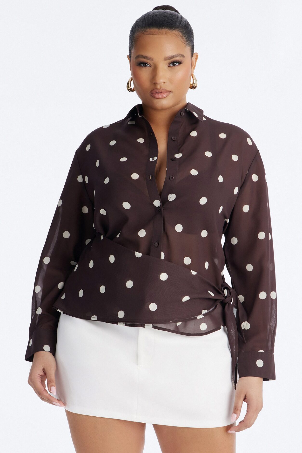 Polka Dot Obsession Wrap Over Chiffon Shirt - Brown/combo