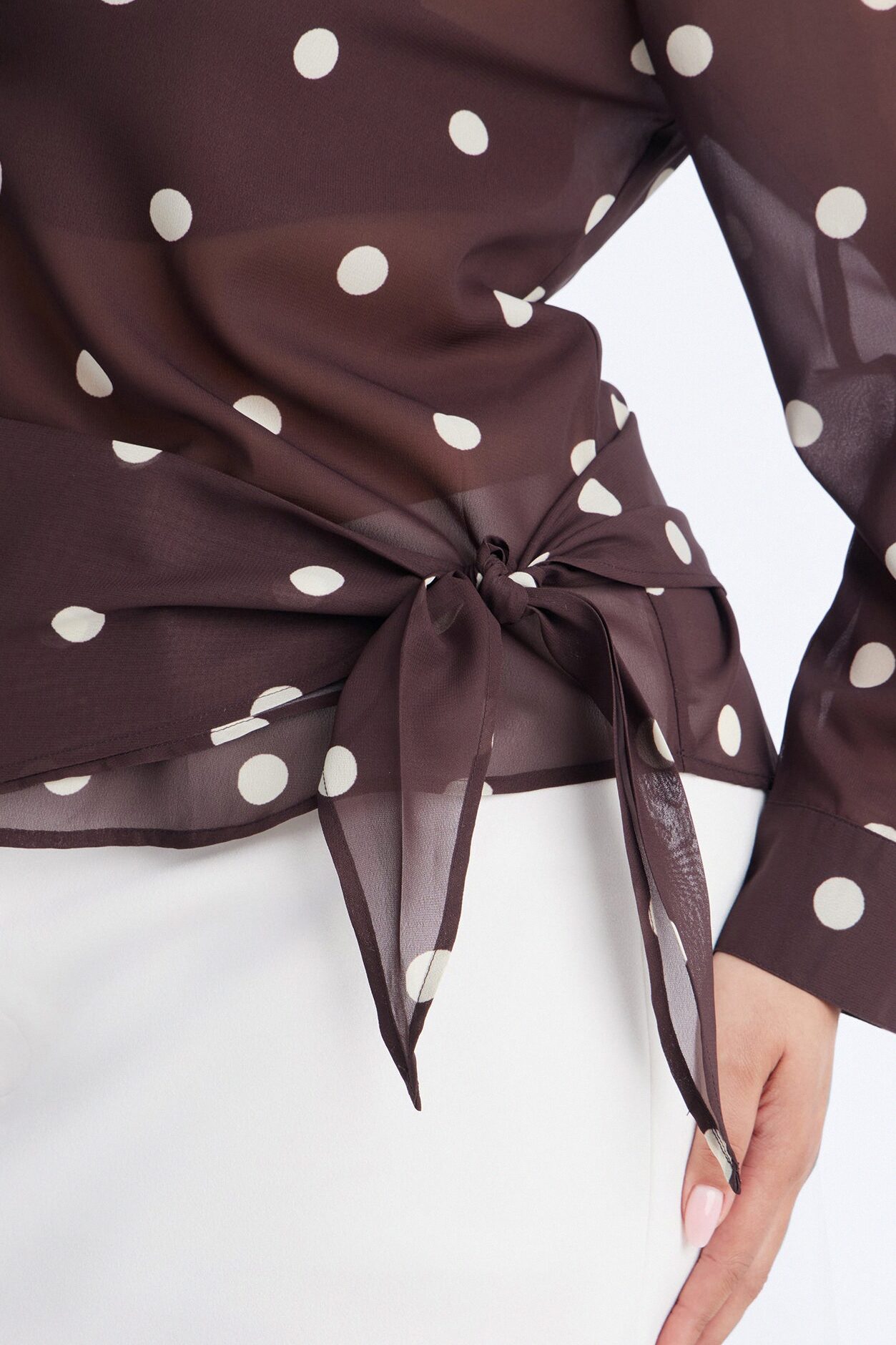 Polka Dot Obsession Wrap Over Chiffon Shirt - Brown/combo