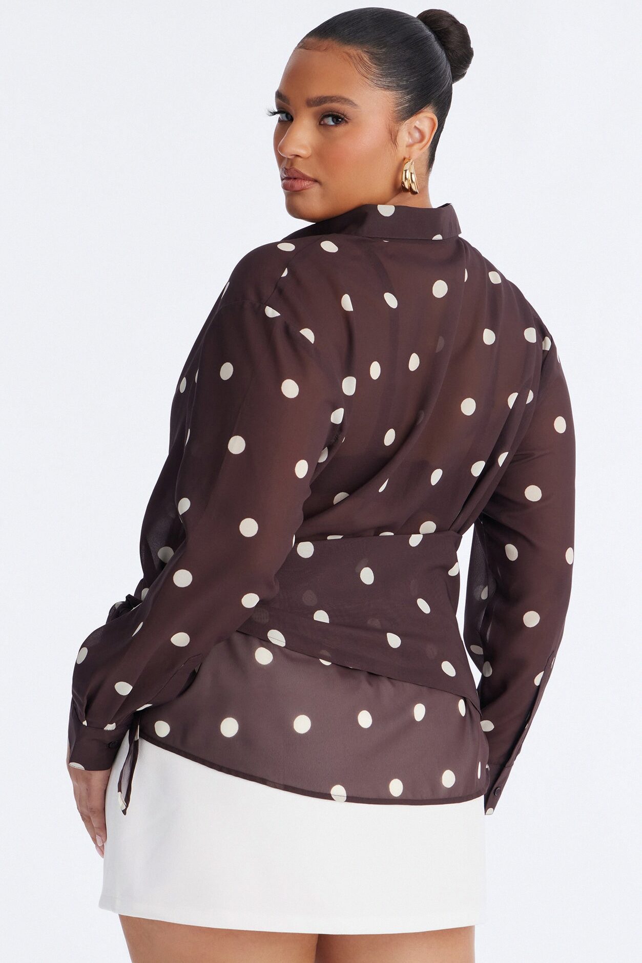 Polka Dot Obsession Wrap Over Chiffon Shirt - Brown/combo
