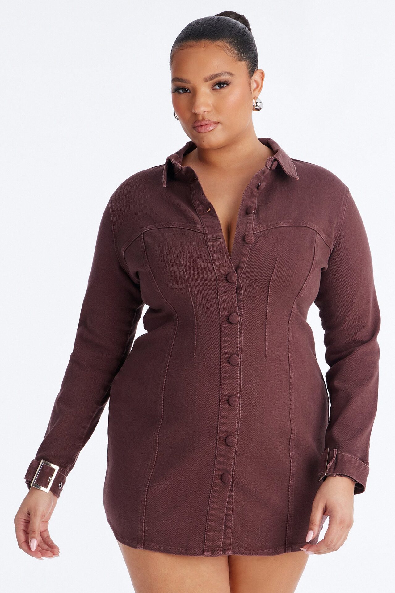 Miley Long Sleeve Denim Mini Dress - Brown