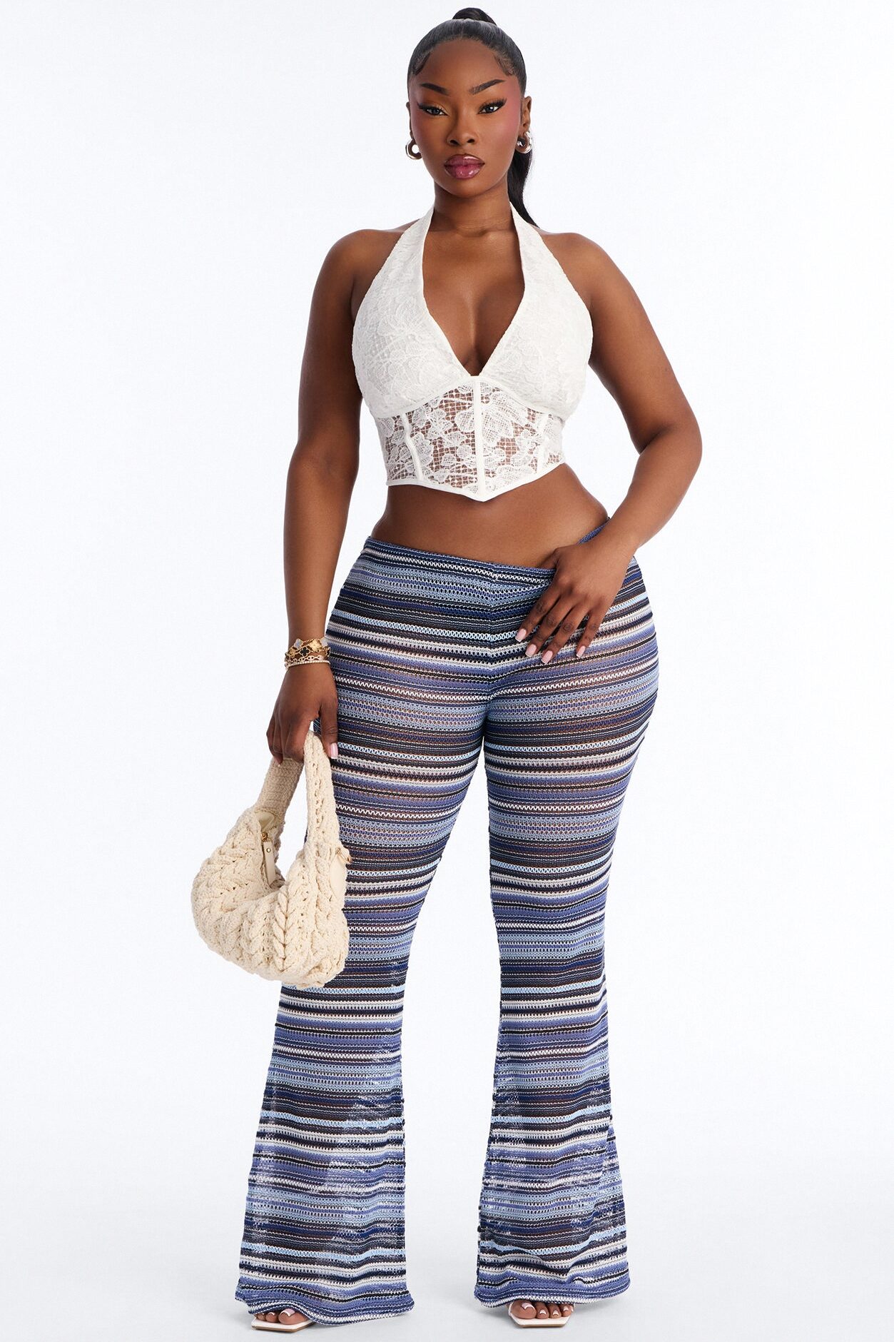 On The Beach Low Rise Crochet Flare Pant 33″ - Blue/combo