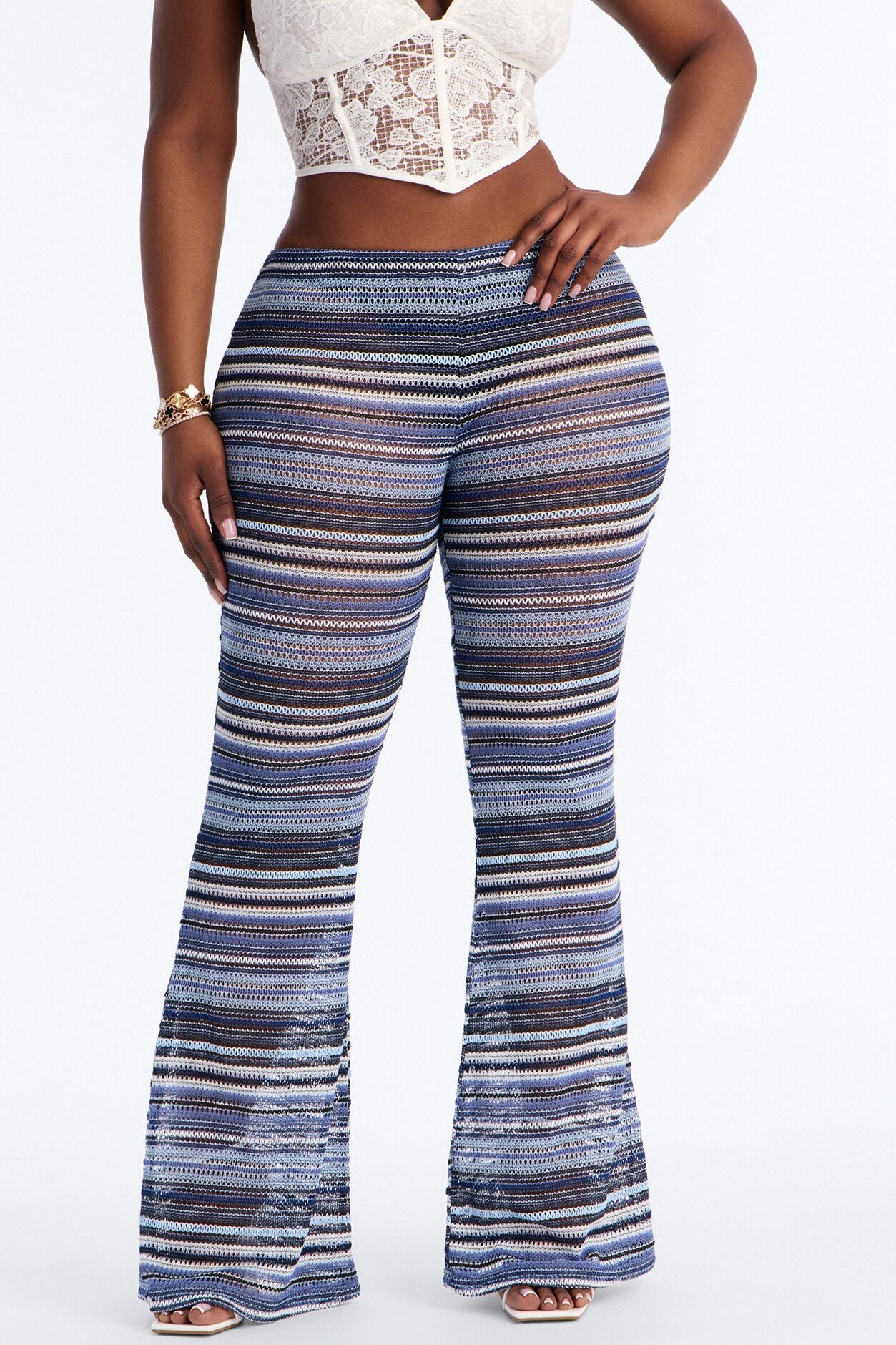 On The Beach Low Rise Crochet Flare Pant 33″ - Blue/combo