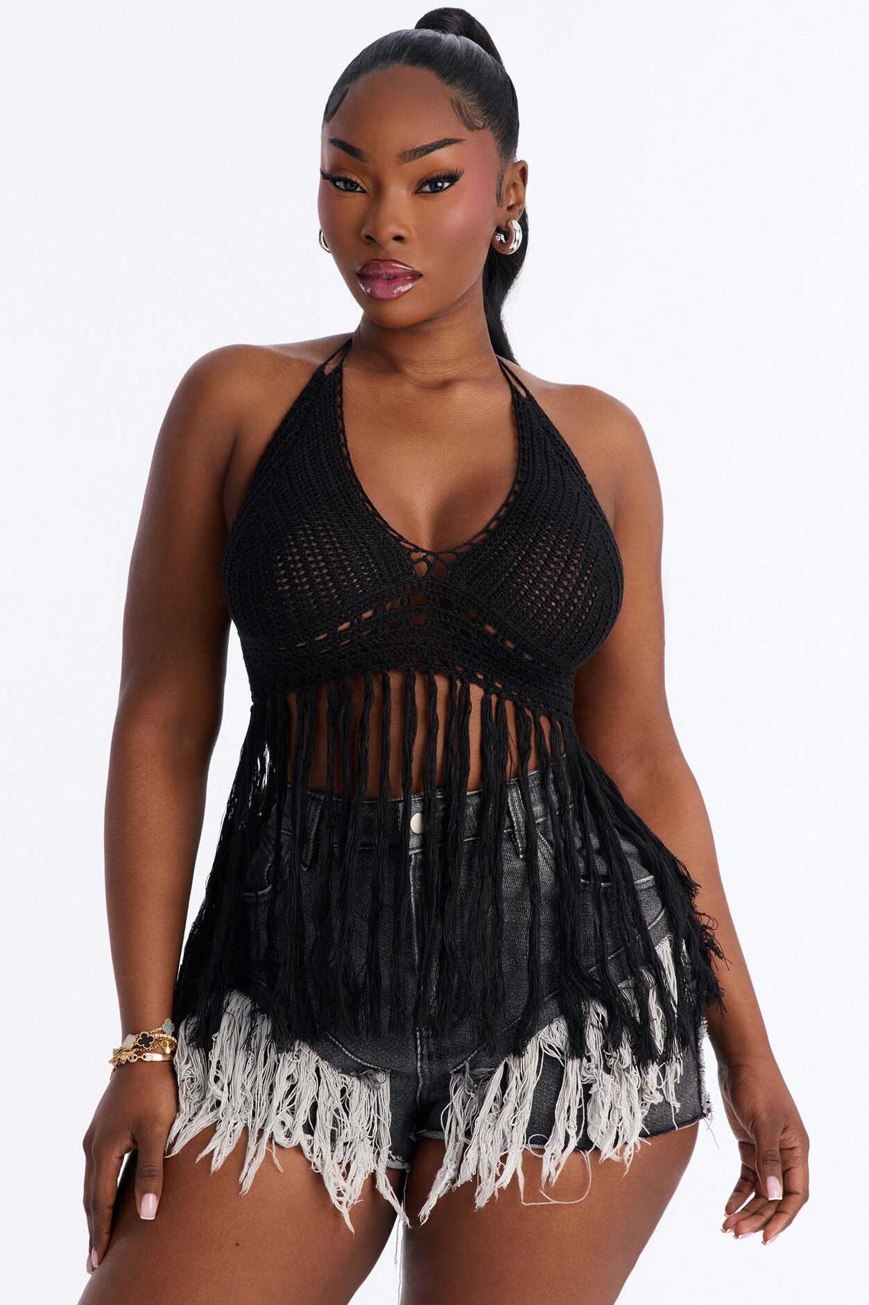 Vamos A La Playa Crochet Halter Top - Black