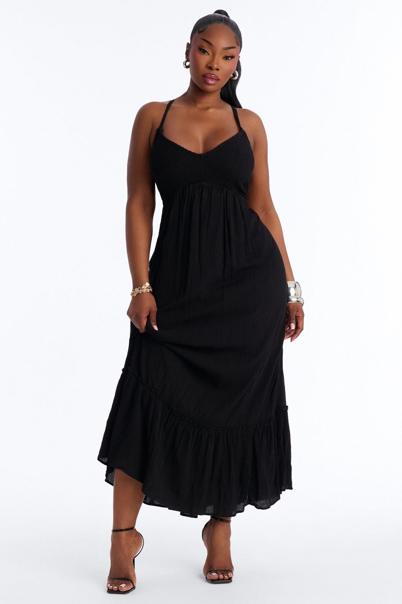 Raina Smocked Linen Maxi Dress - Black