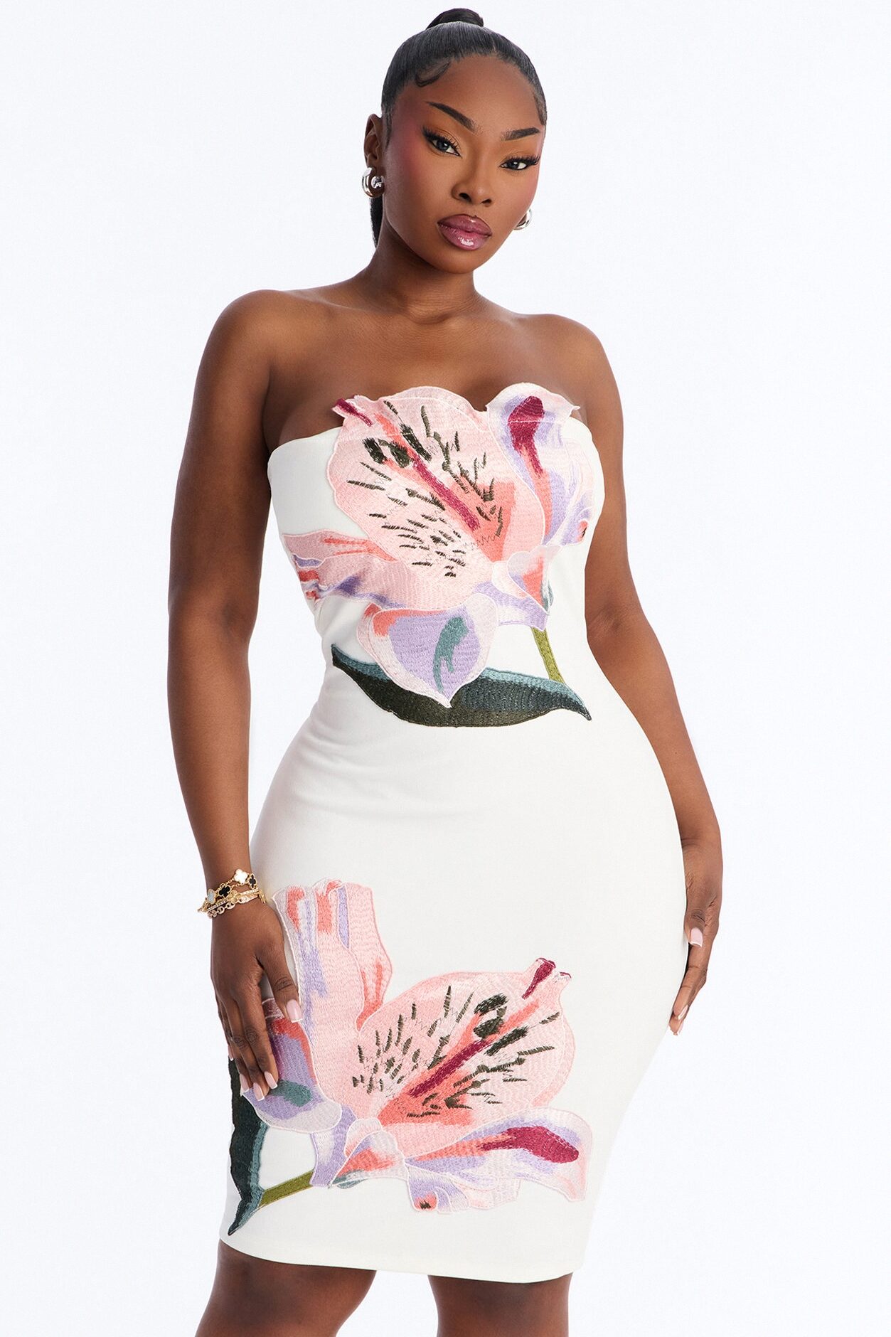 Azalea Floral Embroidered Midi Dress - White/Pink