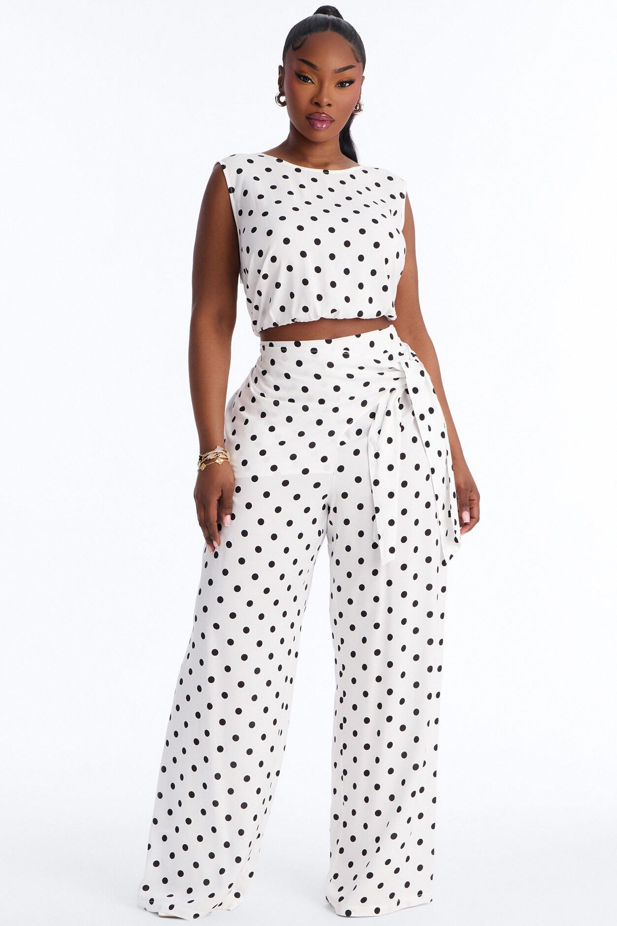 Gemma Polka Dot Wide Leg Pant Set - White/Black