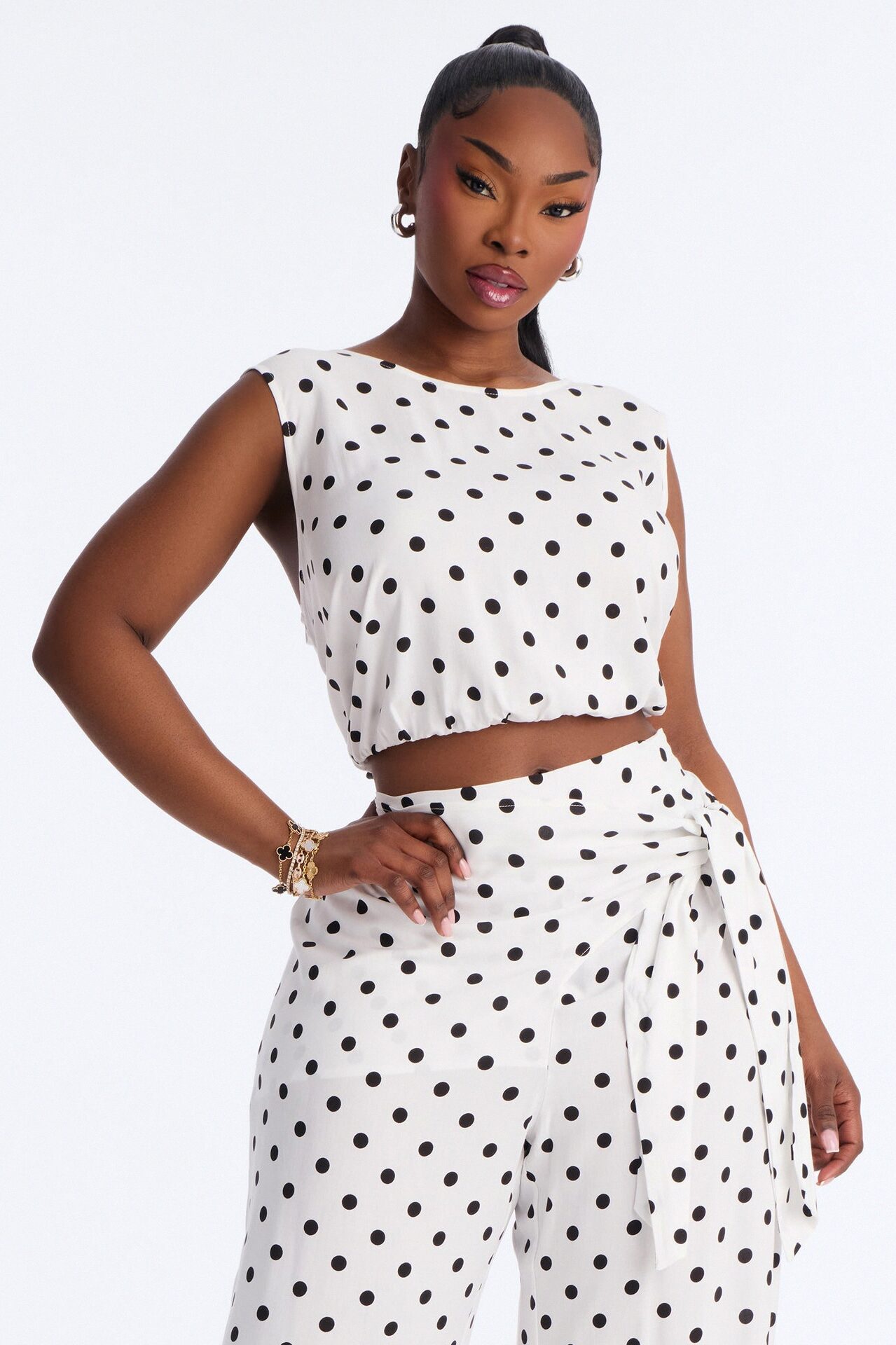 Gemma Polka Dot Wide Leg Pant Set - White/Black