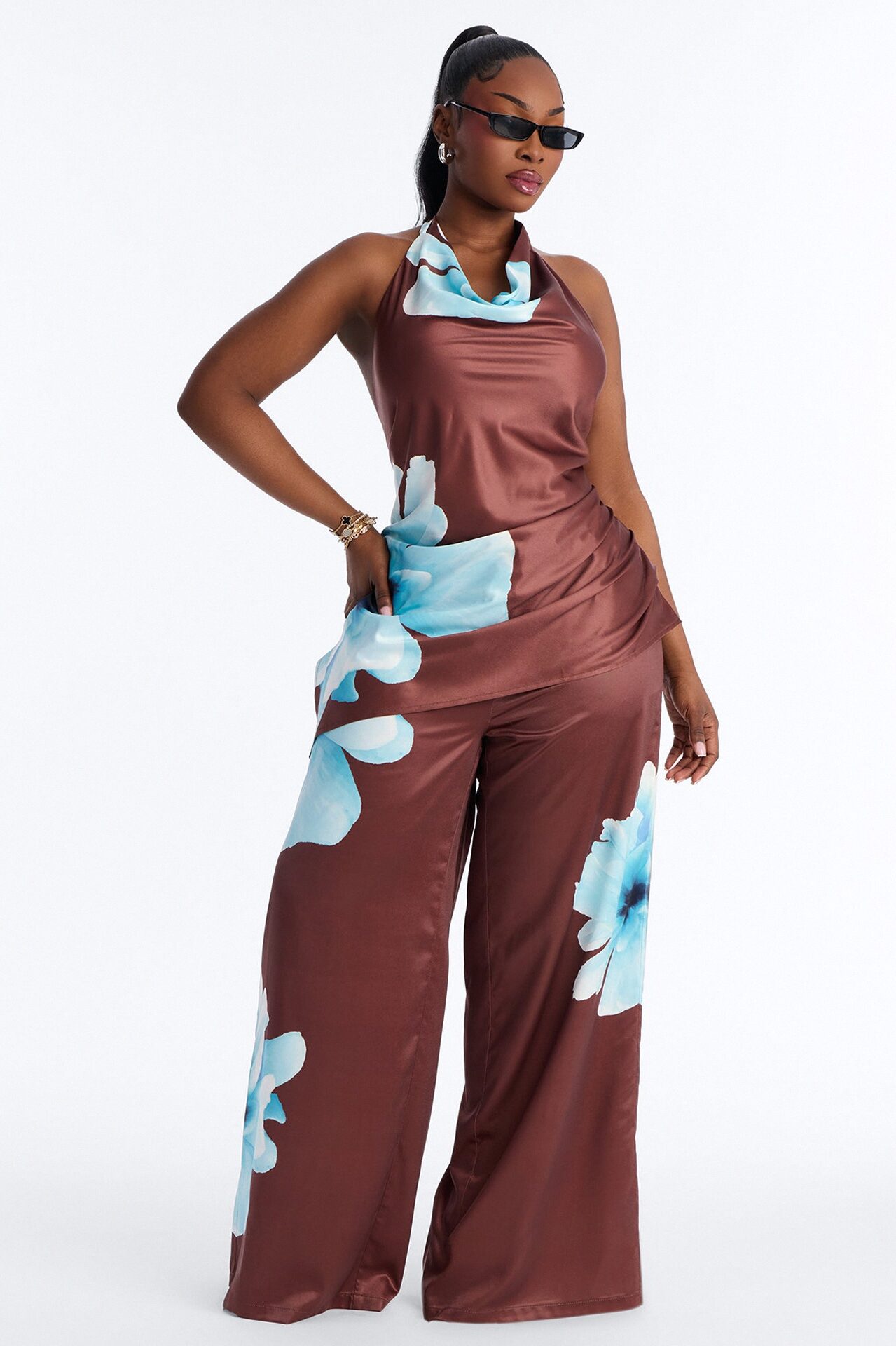 Leora Satin Drawstring Pant - Brown Combo