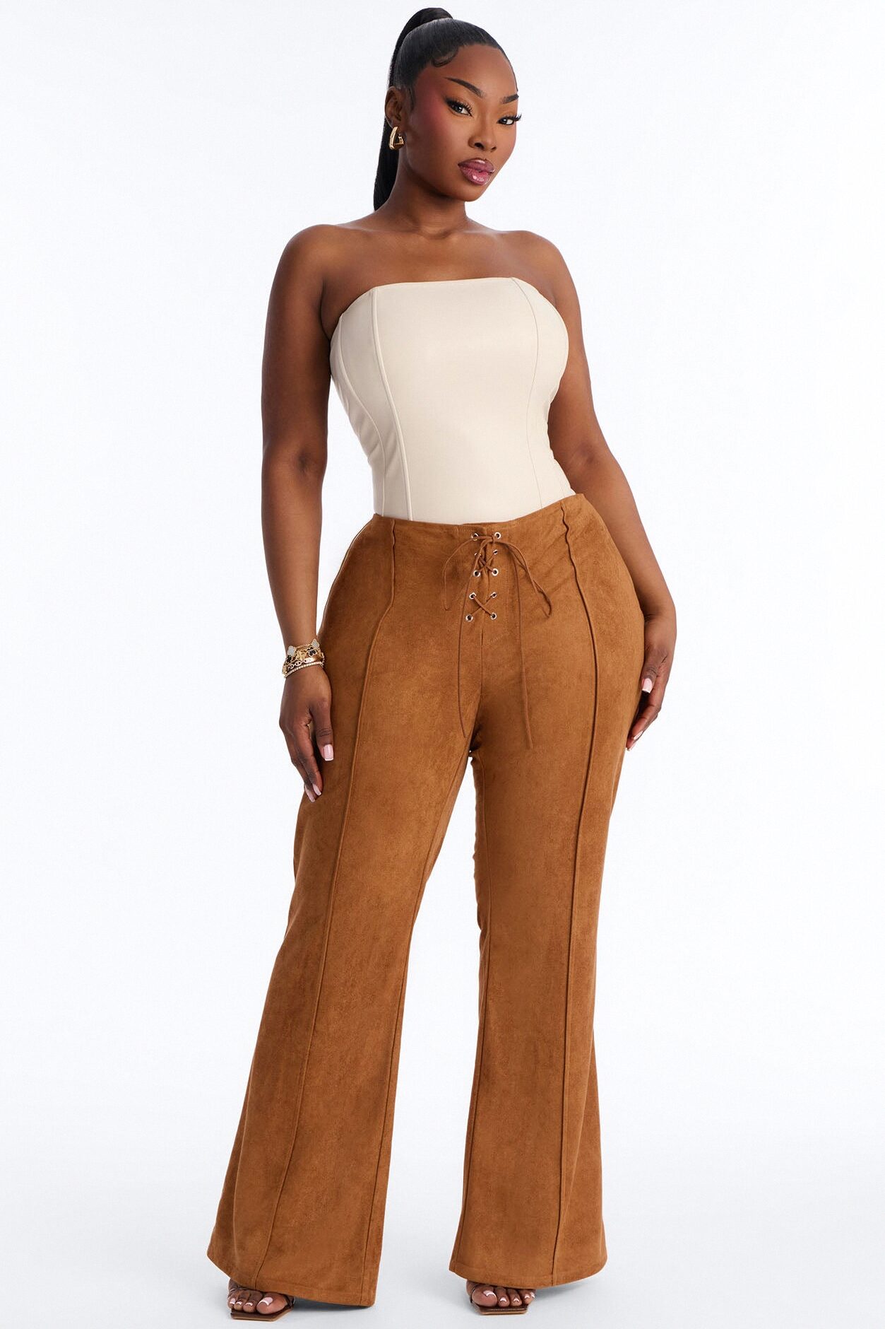 Out West Faux Suede Lace Front Straight Leg Pant - Camel