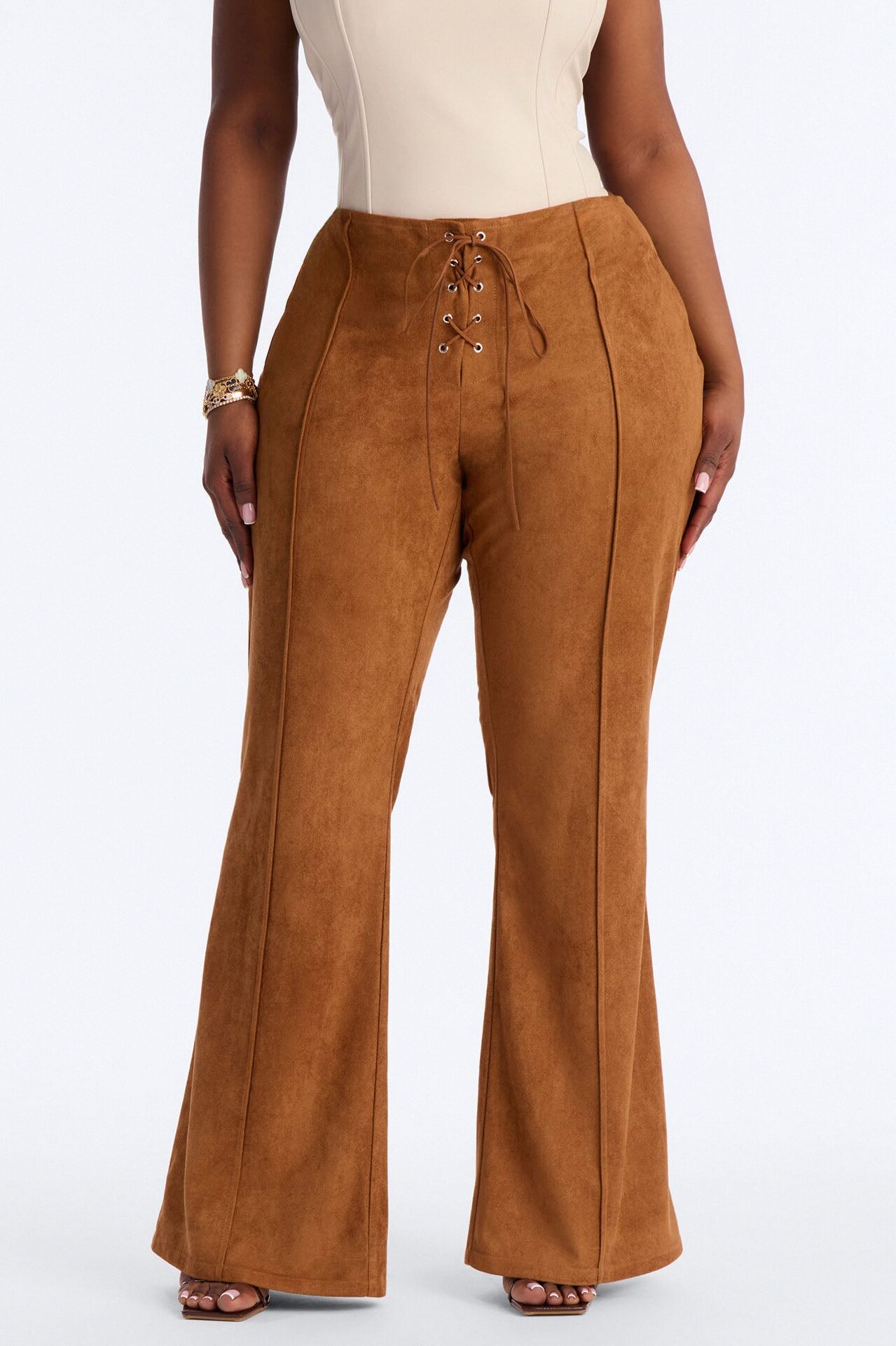Out West Faux Suede Lace Front Straight Leg Pant - Camel
