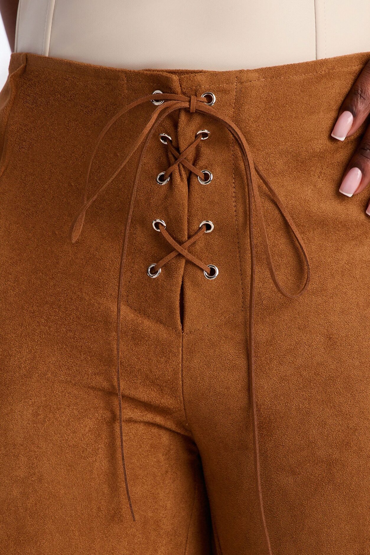 Out West Faux Suede Lace Front Straight Leg Pant - Camel