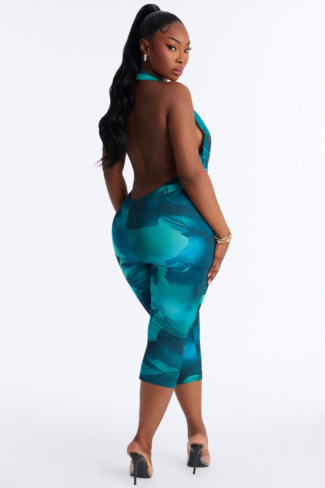 Jade Mesh Backless Capri Jumpsuit - Green/combo