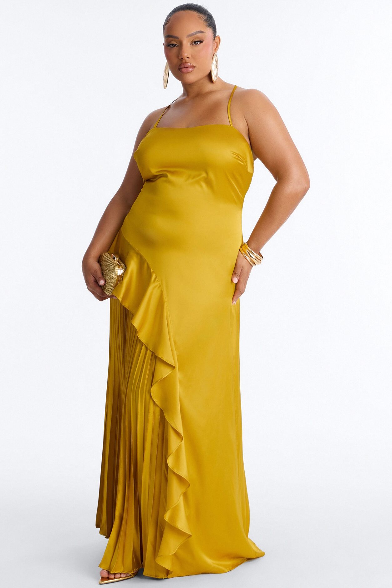 Veronica Pleated Ruffle Satin Gown - Gold