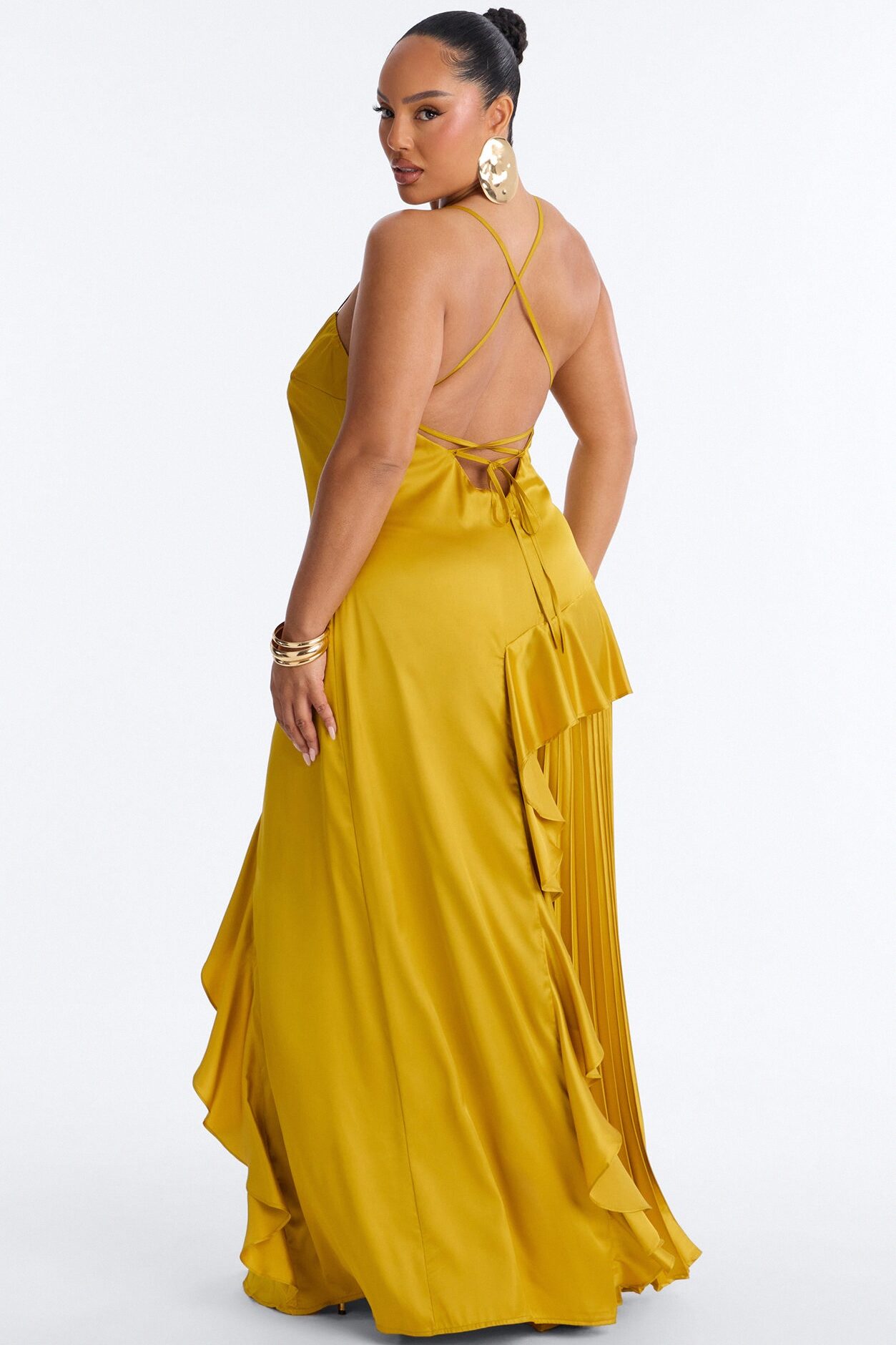 Veronica Pleated Ruffle Satin Gown - Gold