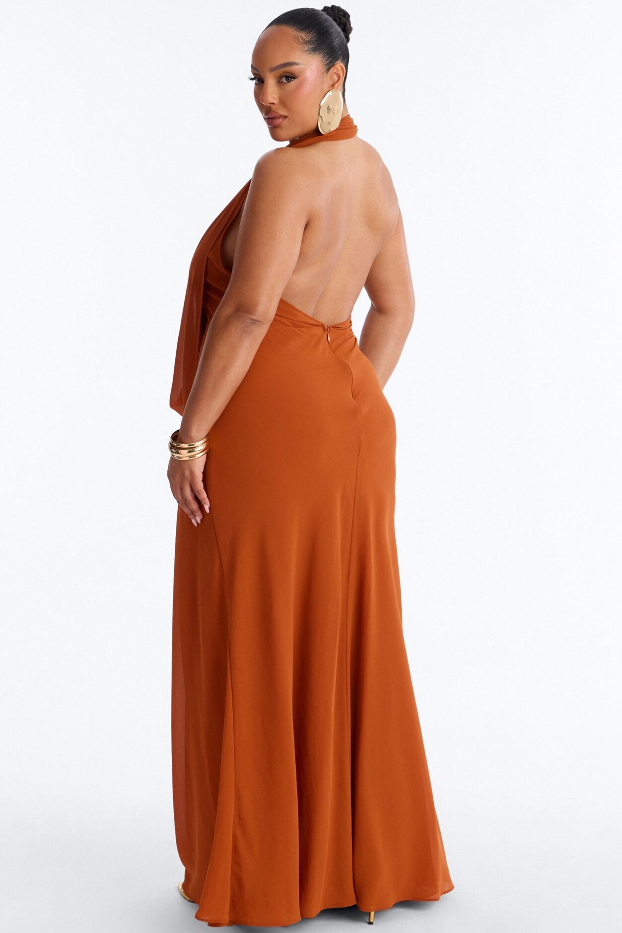 Indyah Draped Chiffon Maxi Dress - Cognac