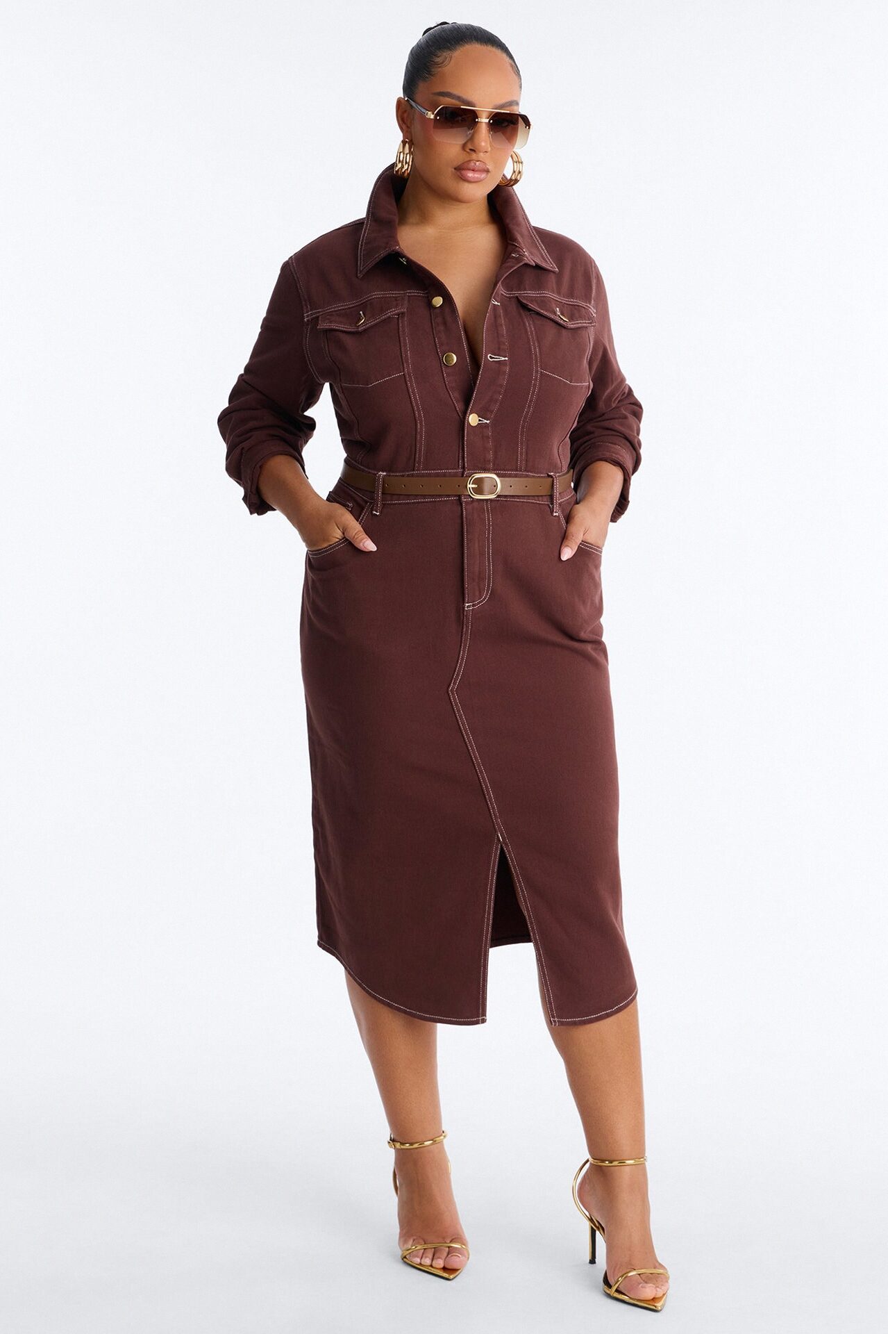 Harper Belted Denim Midi Dress - Brown