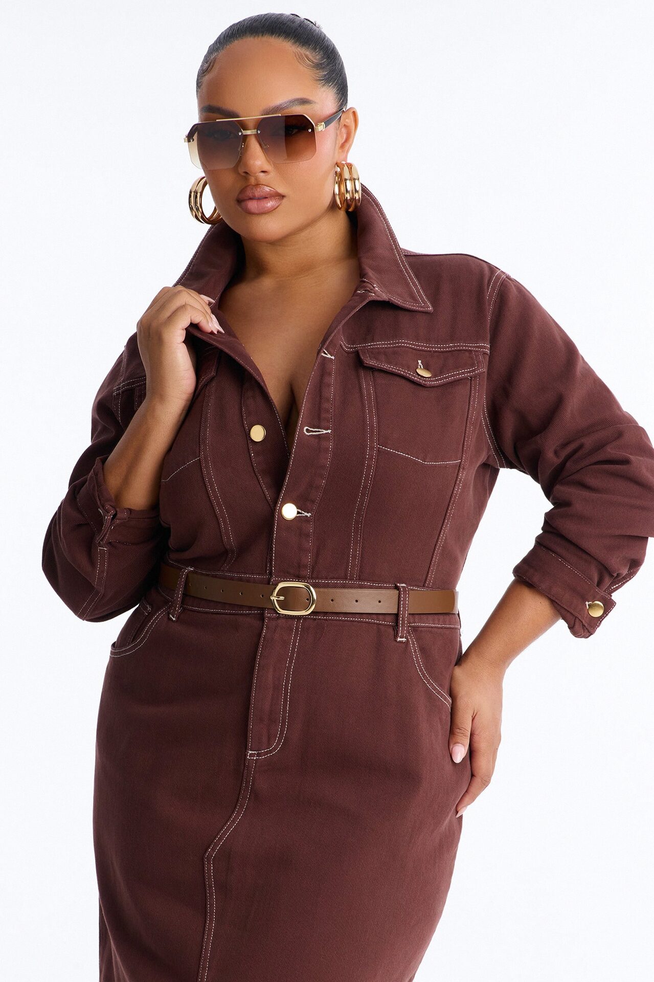 Harper Belted Denim Midi Dress - Brown