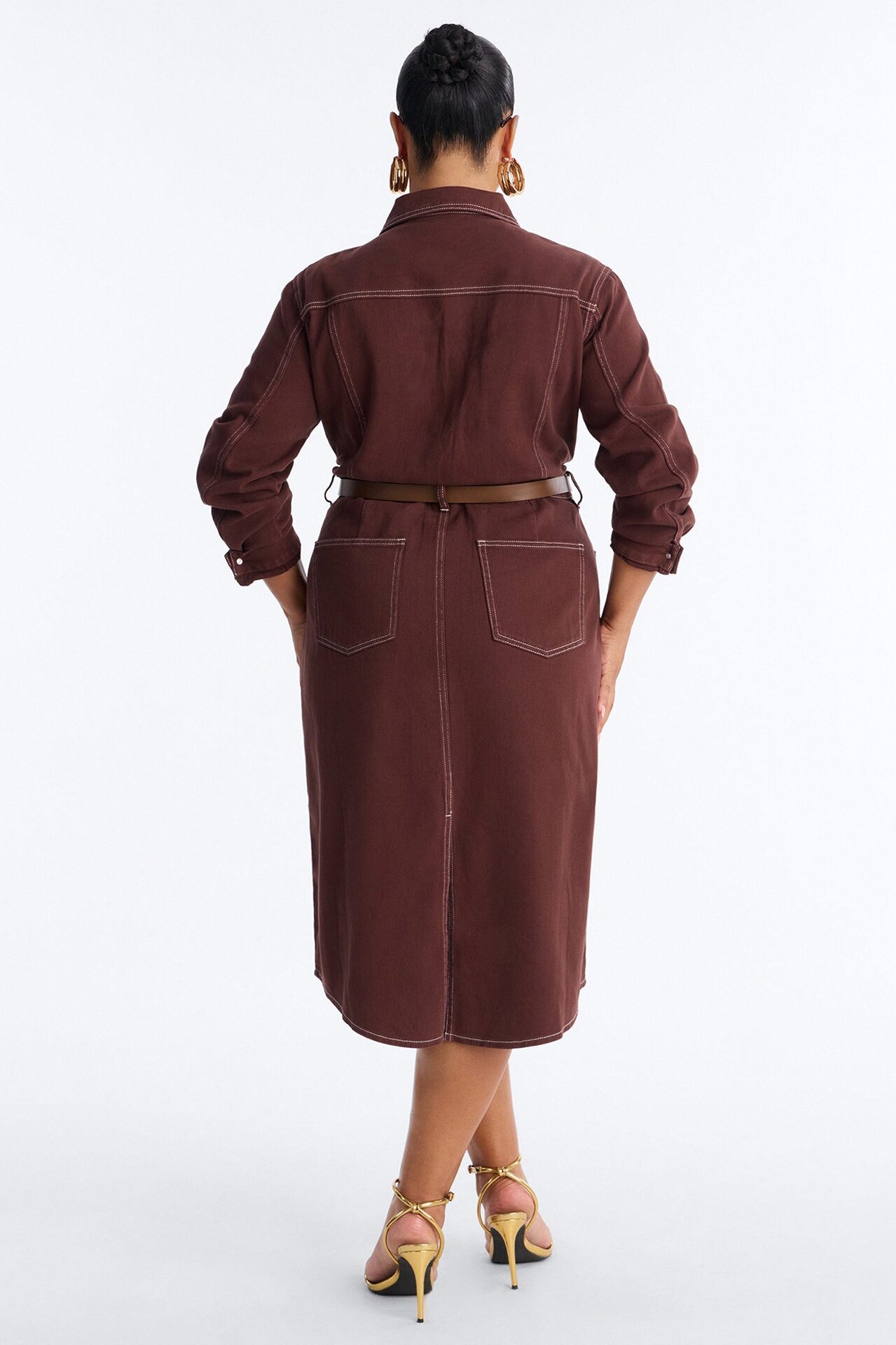 Harper Belted Denim Midi Dress - Brown
