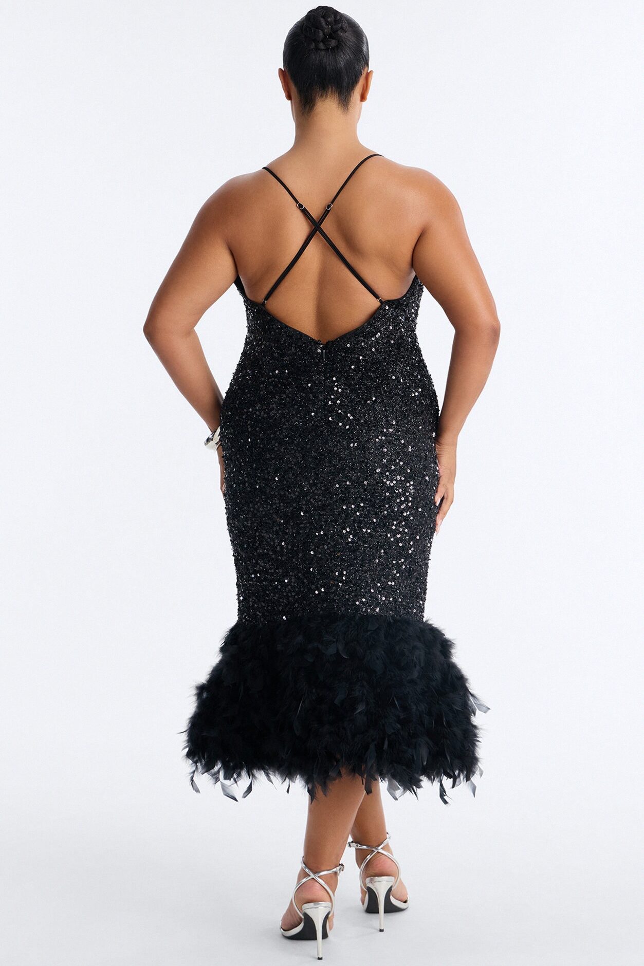 Zoey Feathered Sequin Midi Dress - Black